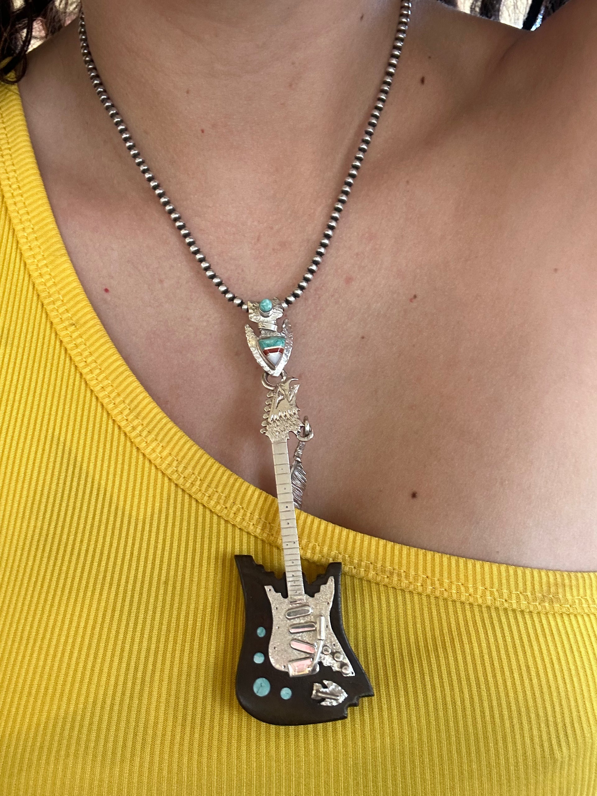 Navajo Made Multi Stone & Sterling Silver Inlay Guitar Pendant