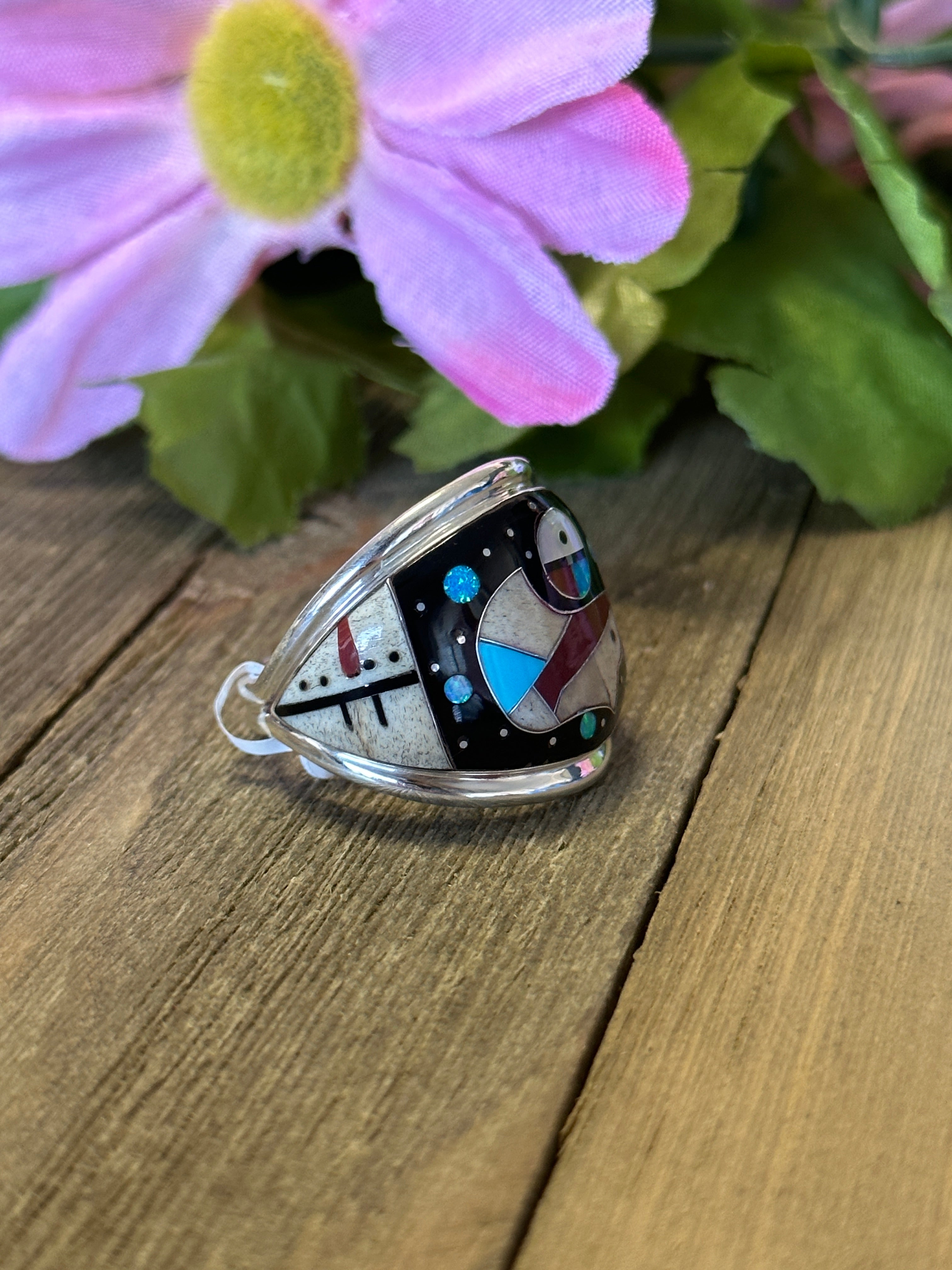 Southwest Made Multi Stone & Sterling Silver Inlay Ring