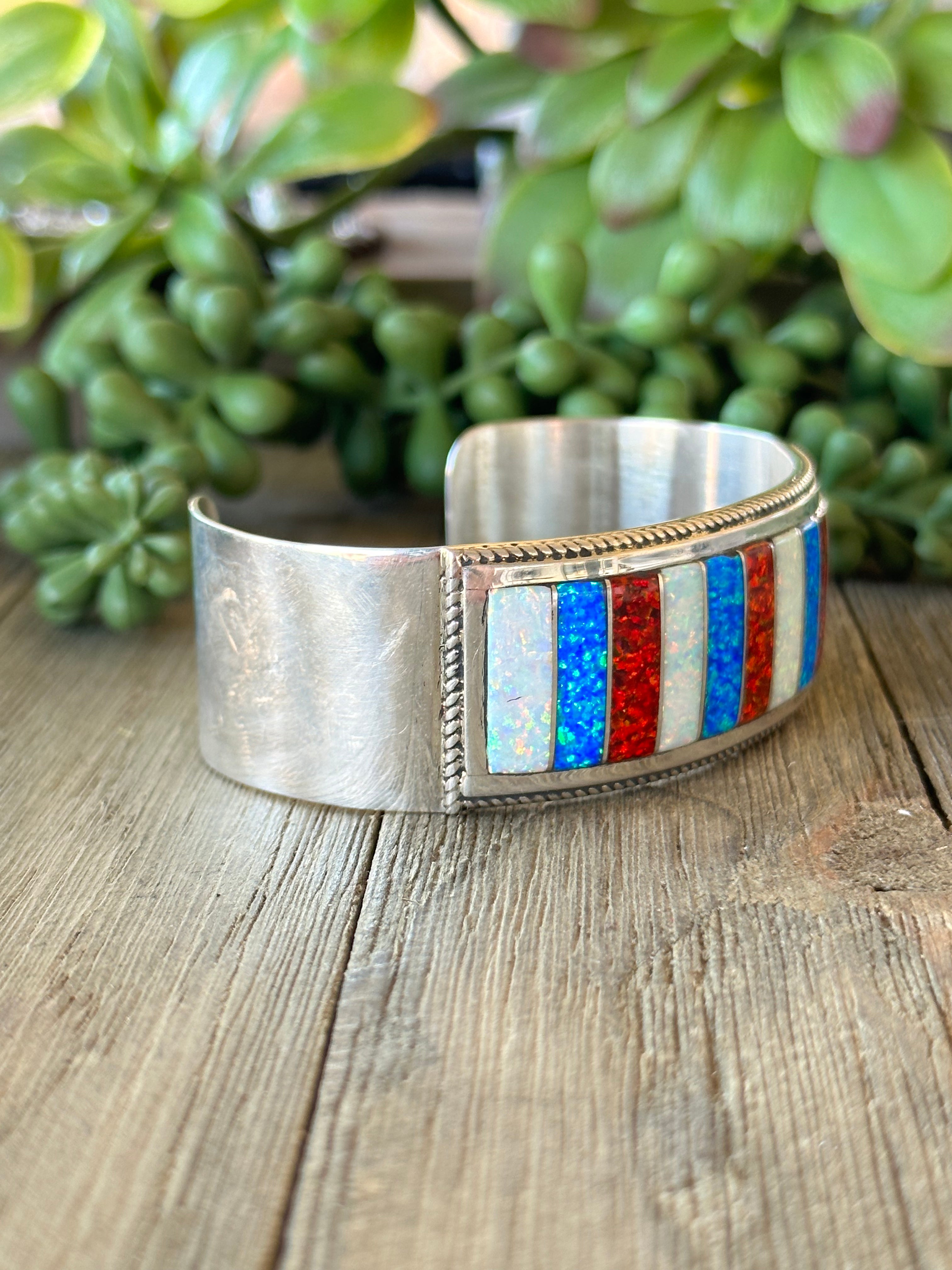 Navajo Made Opal (Man Made) & Sterling Silver Cuff Bracelet