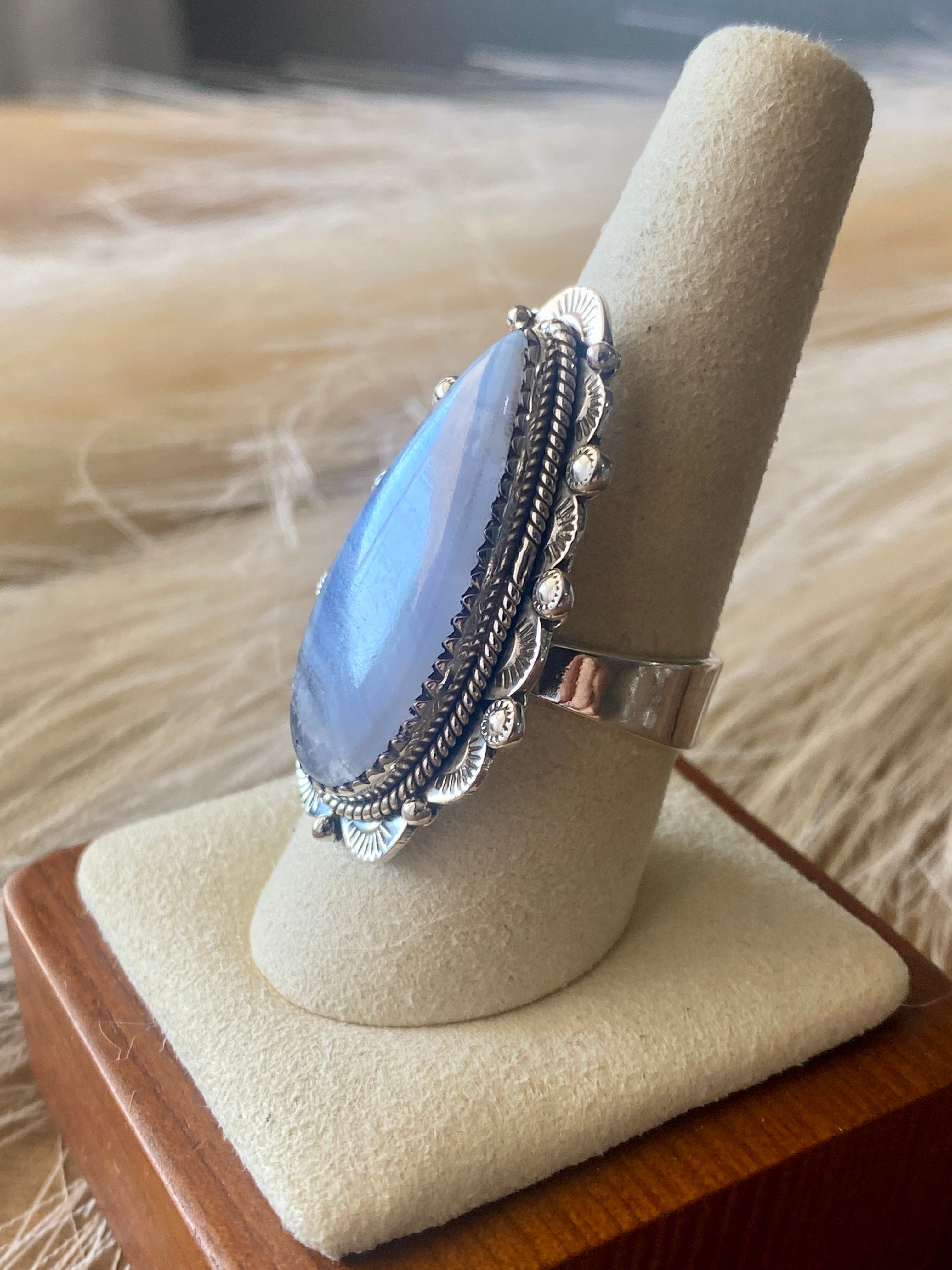 Southwest Handmade Blue Lace Agate & Sterling Silver Adjustable Ring