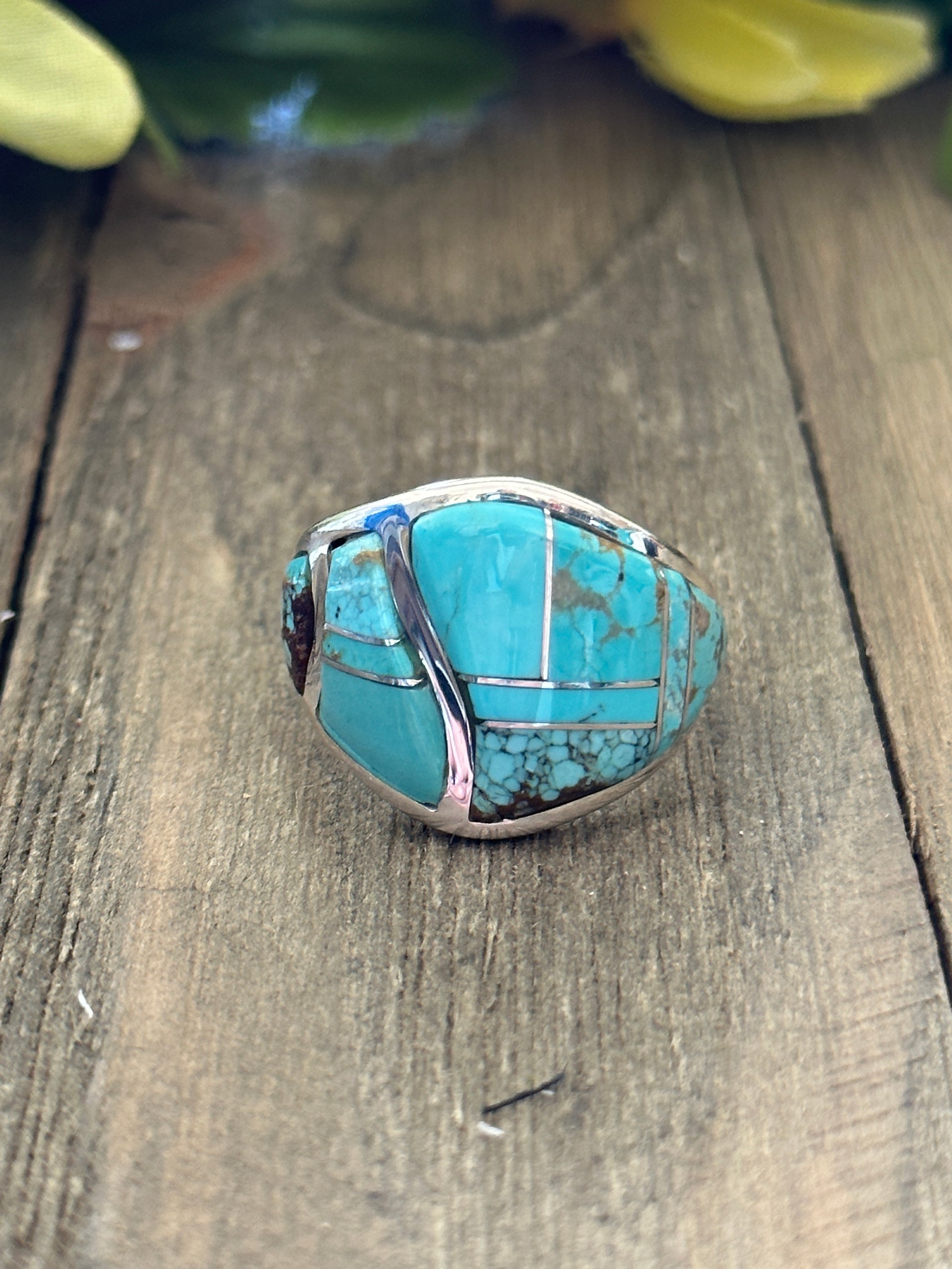 Navajo Made #8 Turquoise & Sterling Silver Inlay Ring Size 9.25