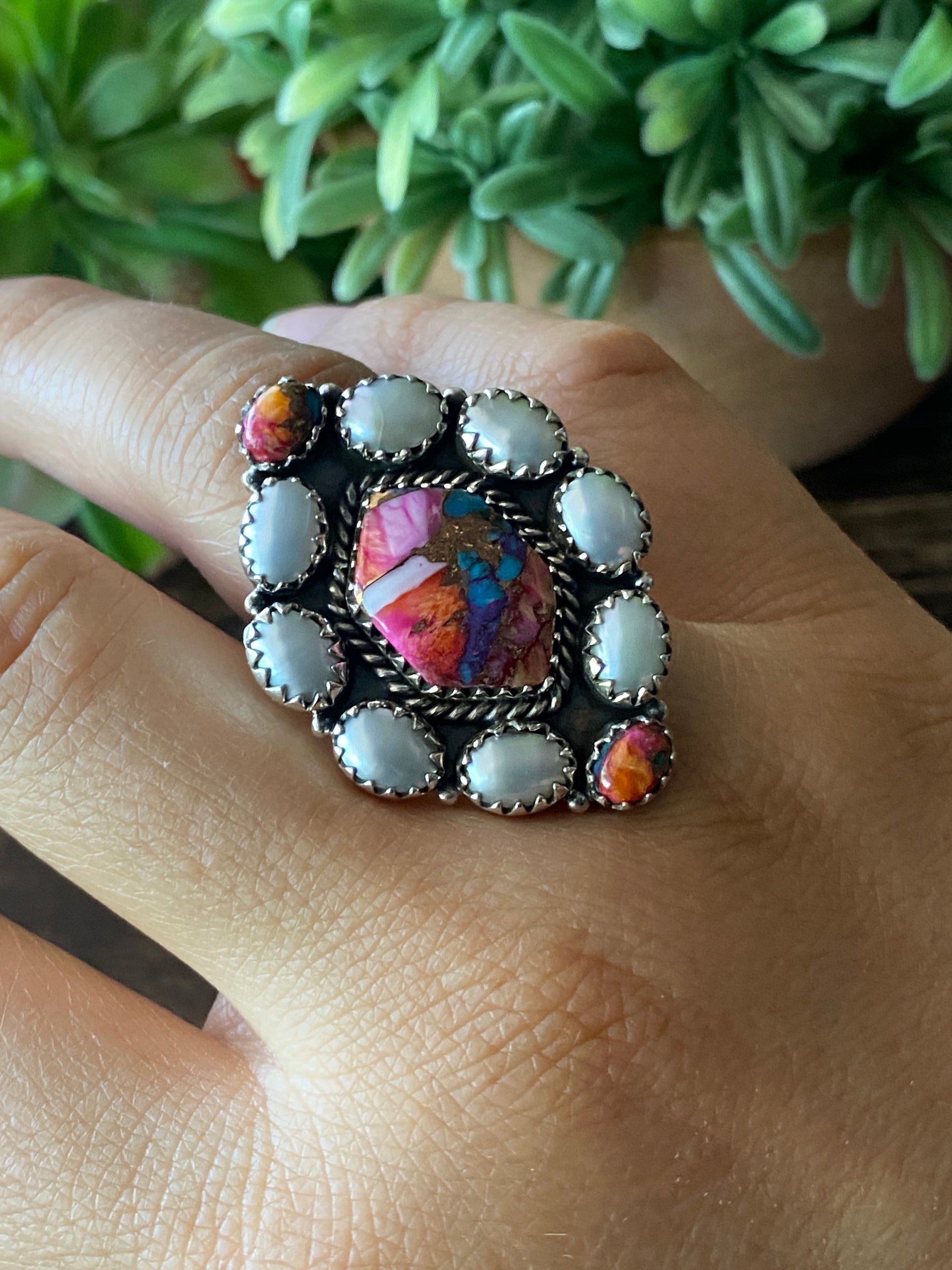 Southwest Handmade Multi Stone & Sterling Silver Adjustable Cluster Ring