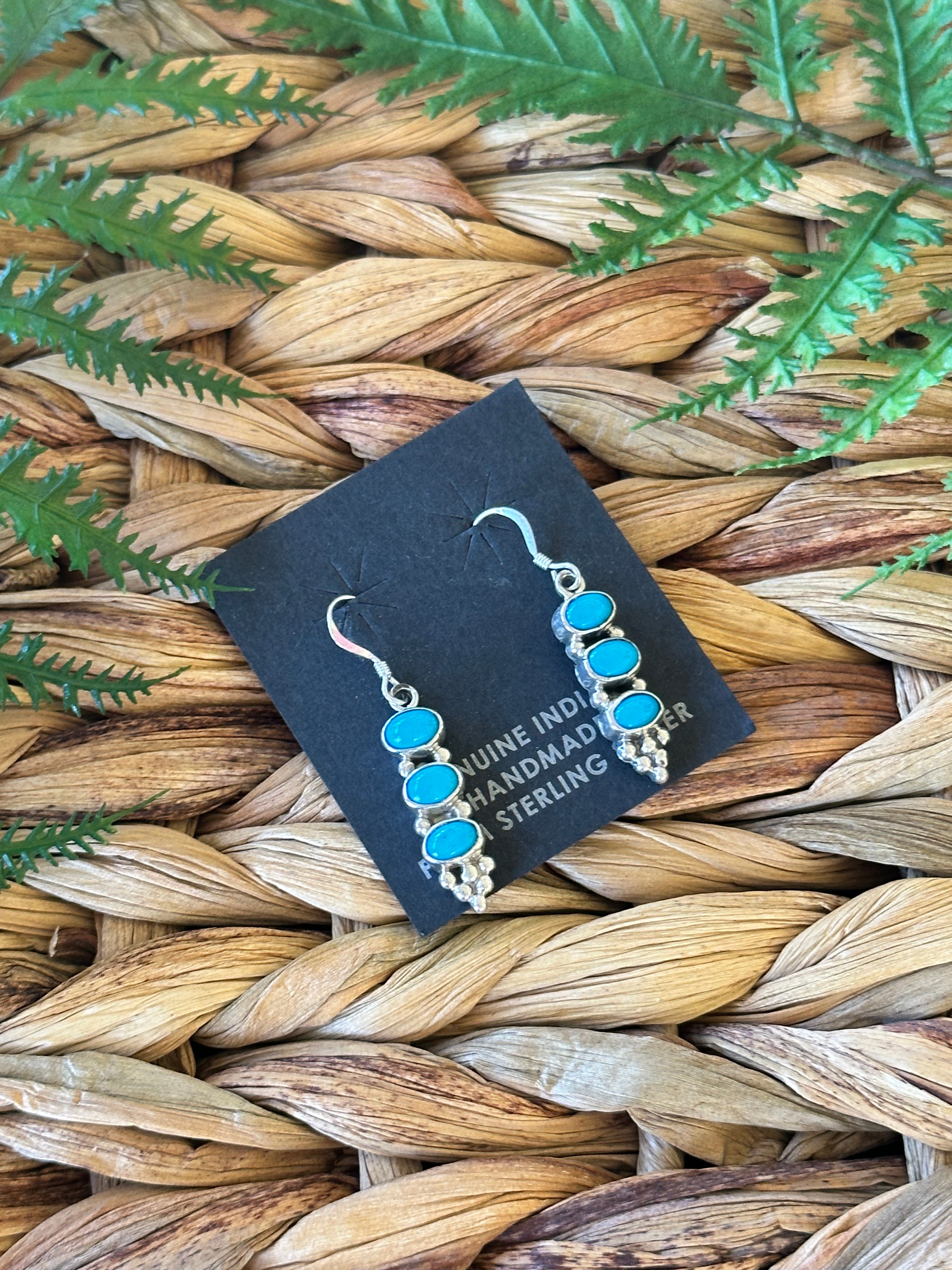 Navajo Made Kingman Turquoise Sterling Silver Dangle Earrings