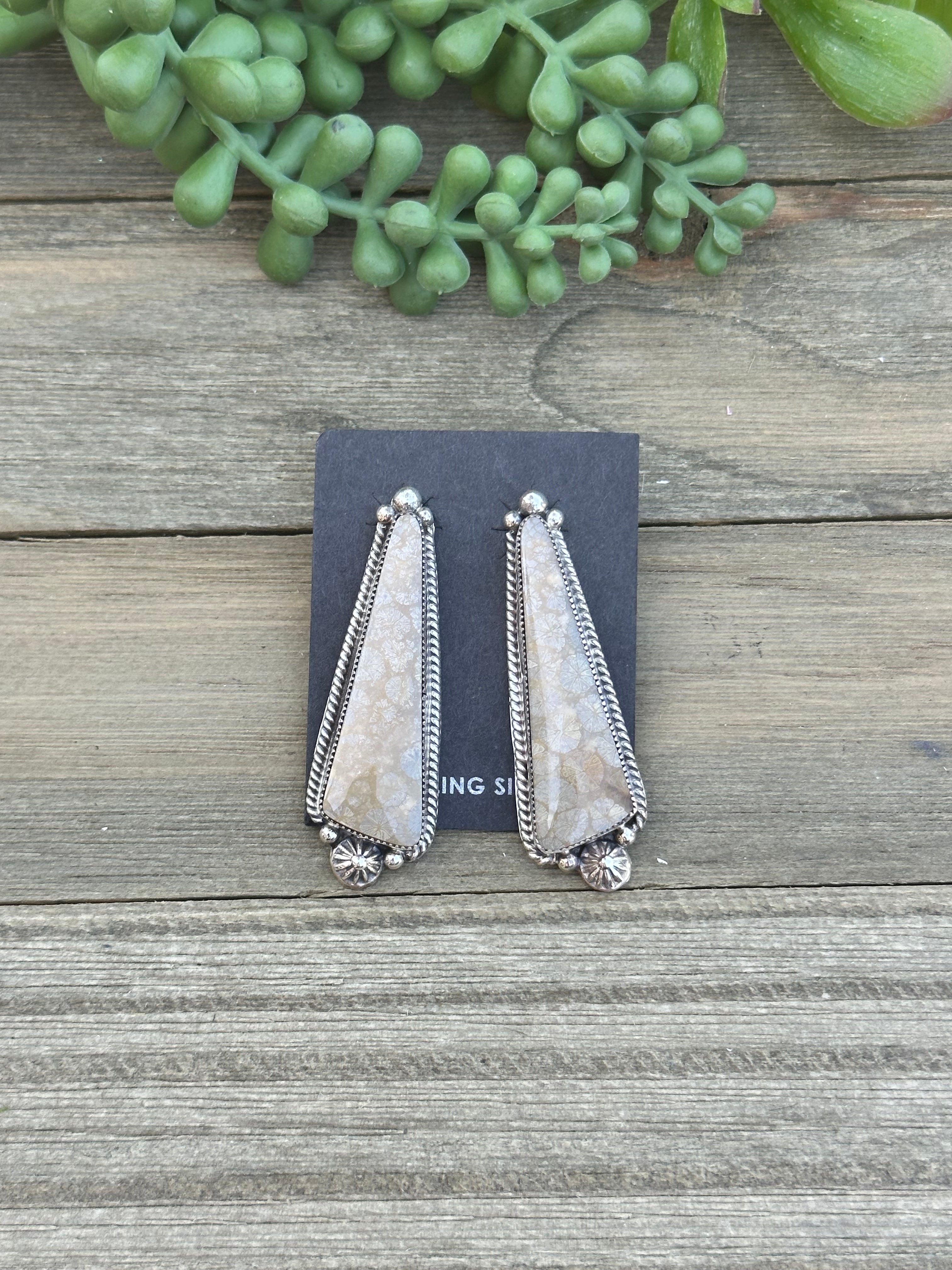 Navajo Made Ocean Fossil & Sterling Silver Post Dangle Earrings