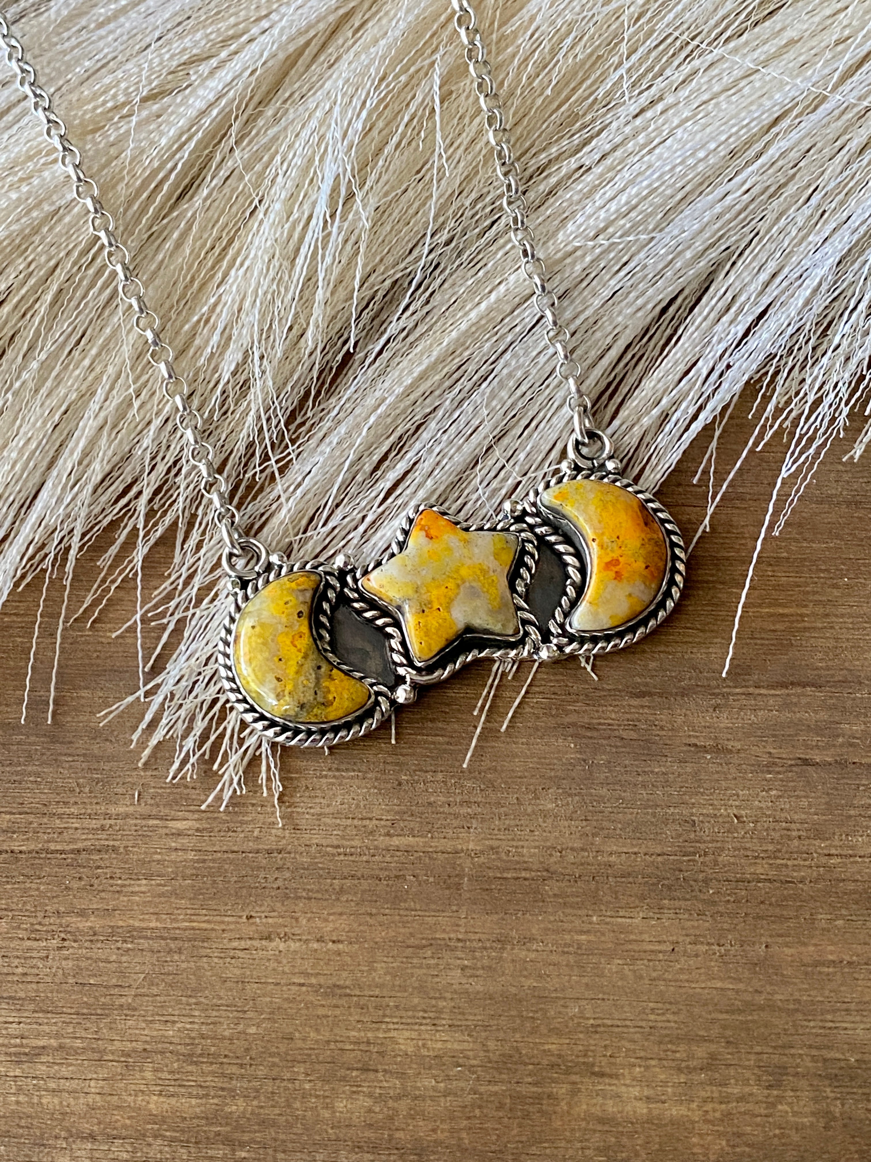 #1 Southwest Handmade Bumblebee Jasper & Sterling Silver Moon Star Necklace