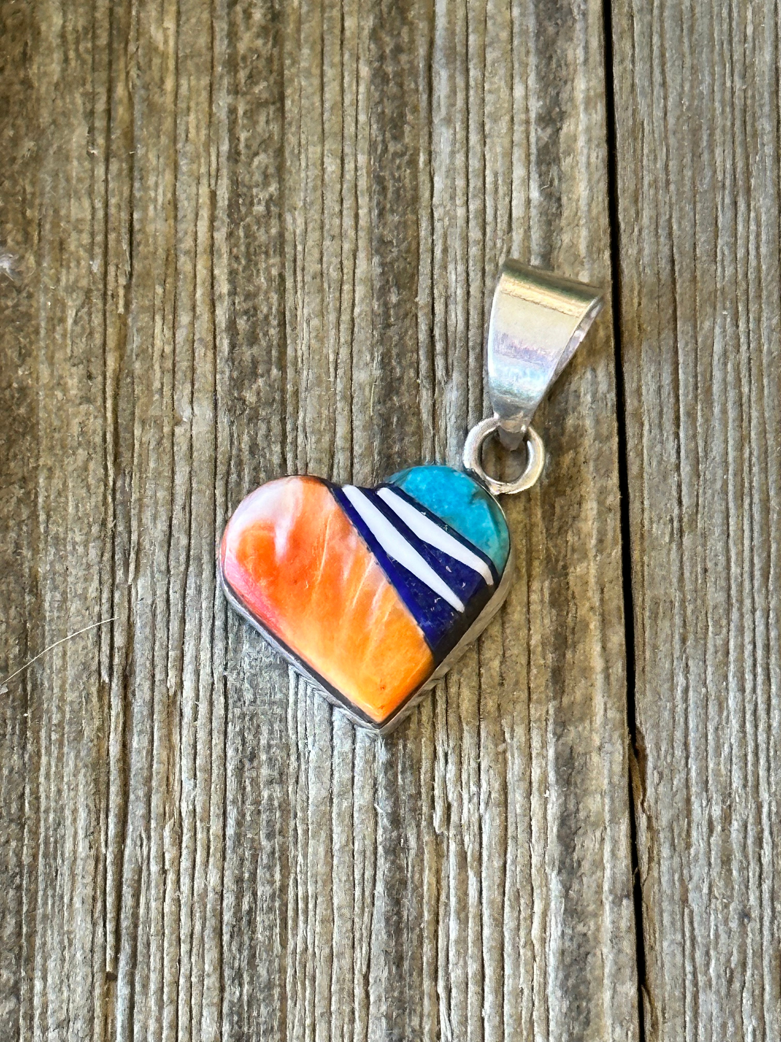 Navajo Made Multi Stone & Sterling Silver Inlay Heart Pendant