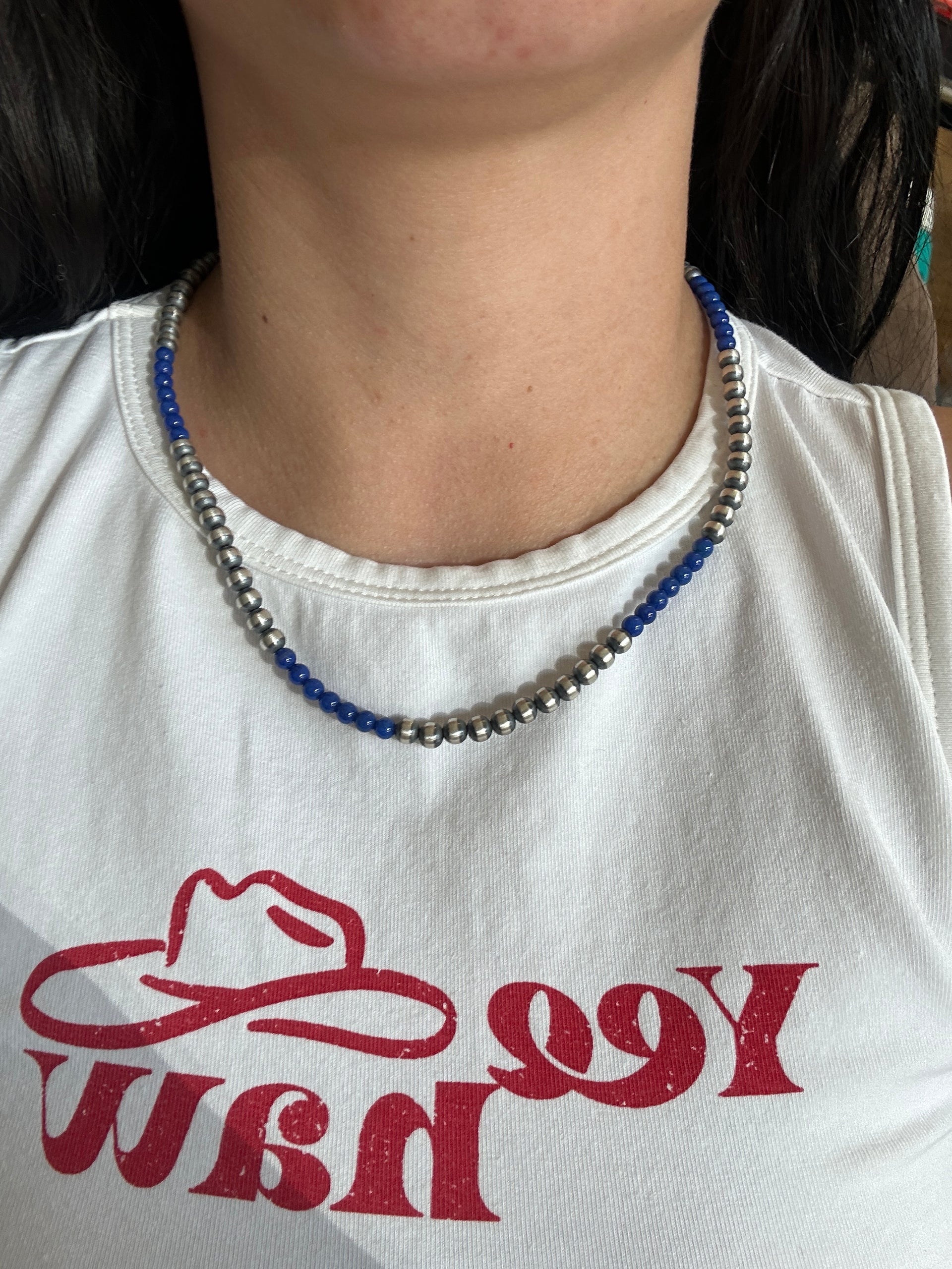 Navajo Strung Lapis & Sterling Silver 5 MM Pearl Necklace