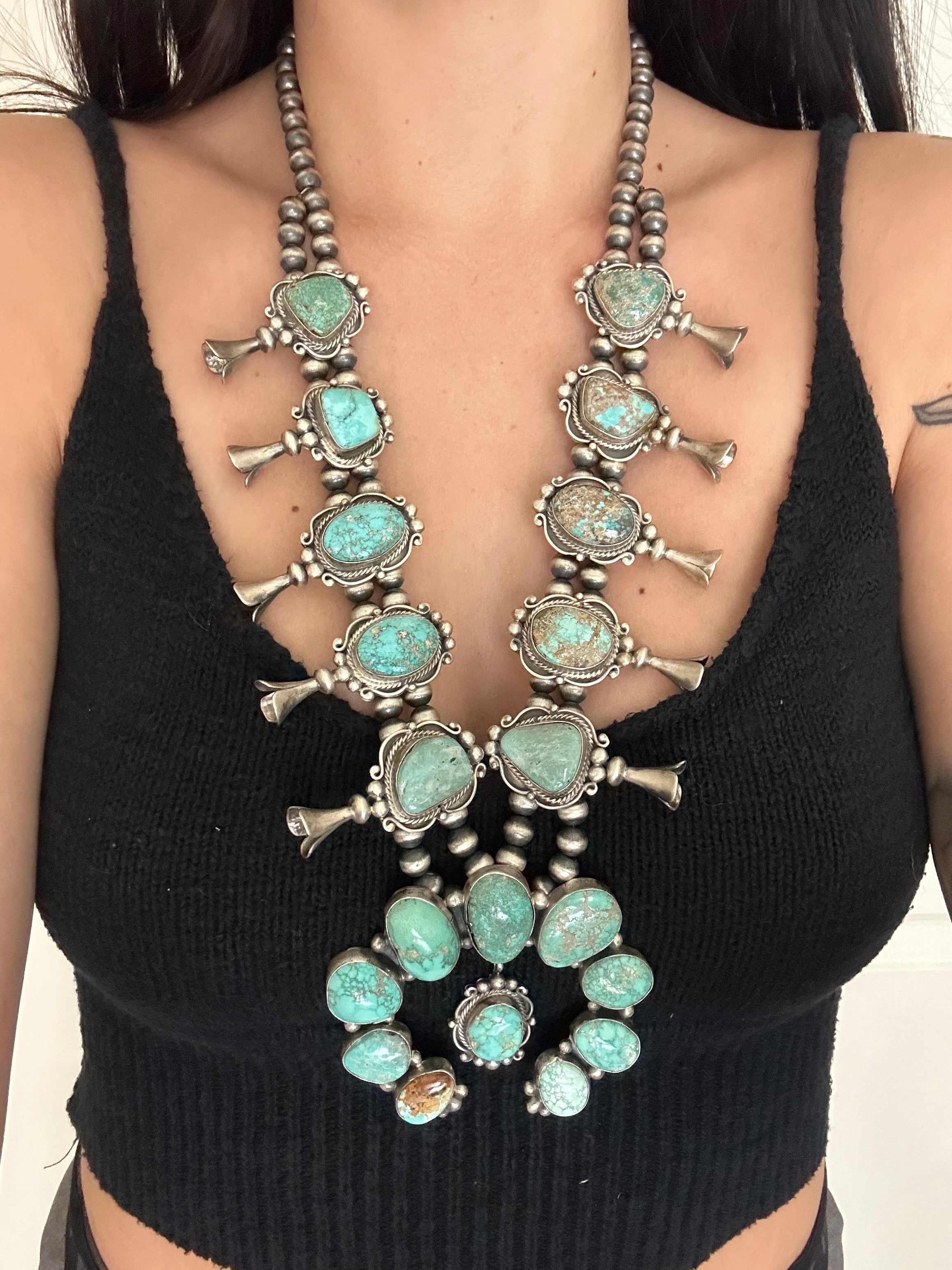 Sheila Becenti Carico Lake Turquoise & Sterling Silver Squash Naja Blossom Necklace Set