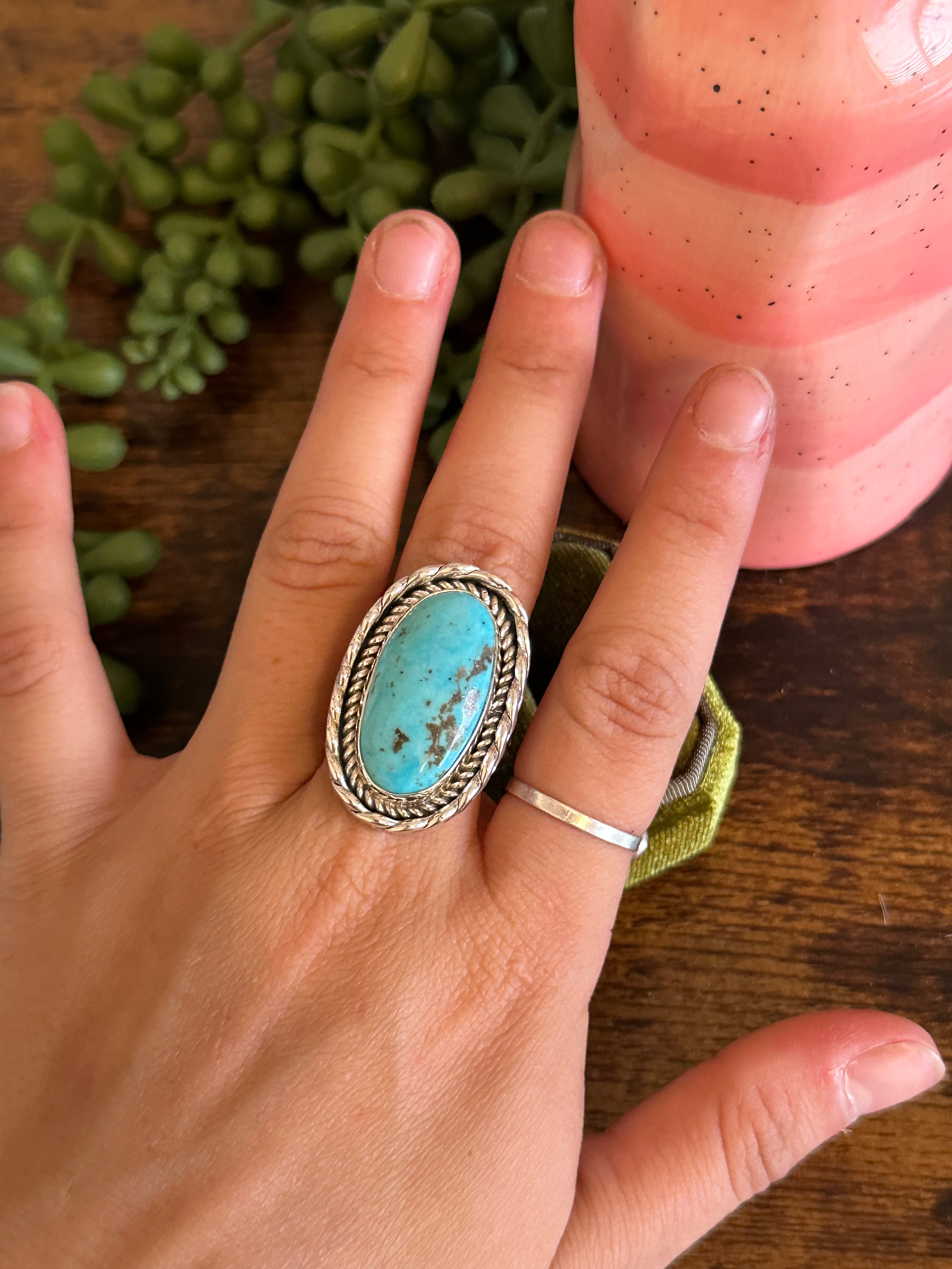 Navajo Made Kingman Turquoise & Sterling Silver Ring Size 9