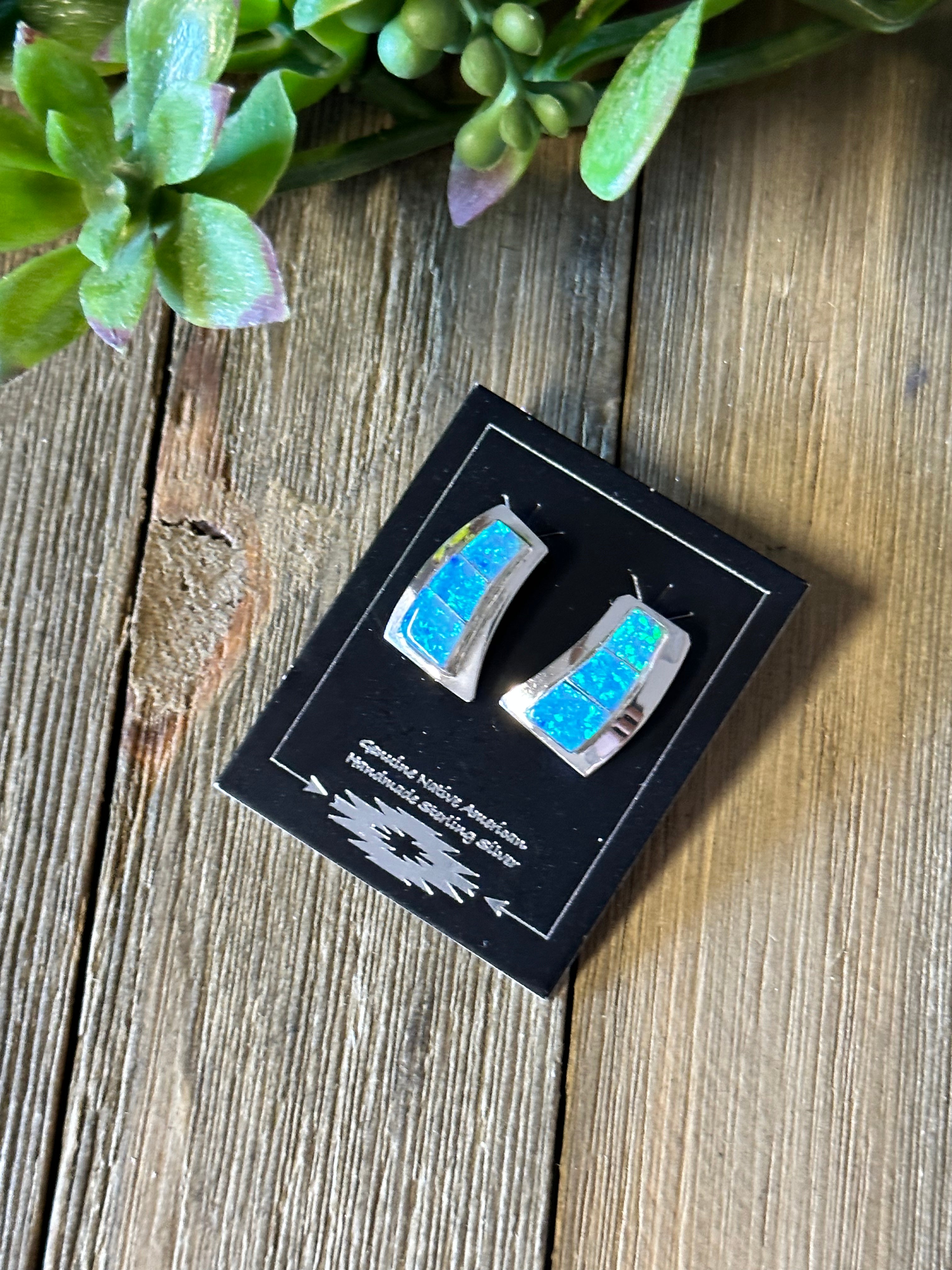 Navajo Made Blue Opal (Man Made) & Sterling Silver Post Earrings