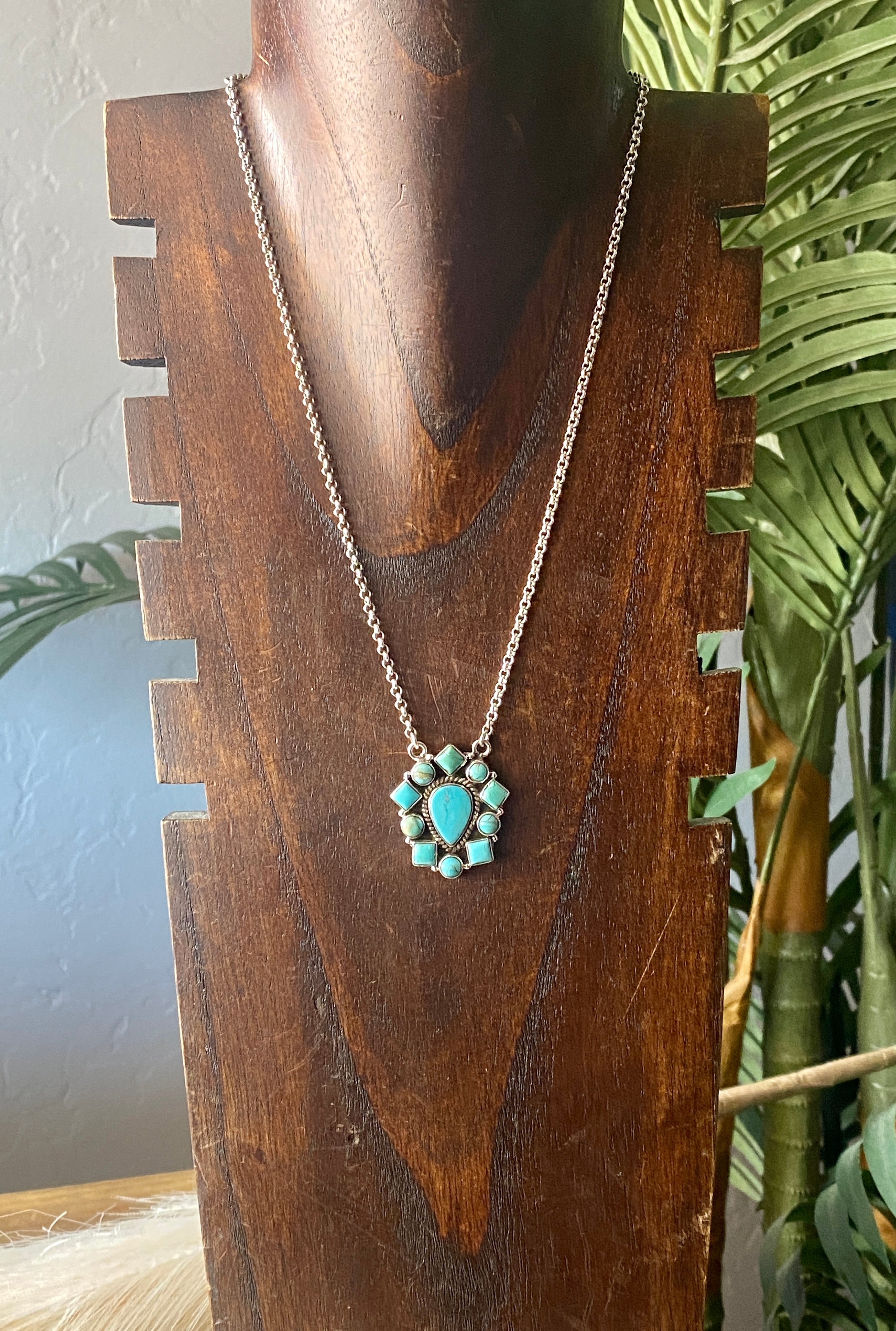 Southwest Handmade Kingman Turquoise & Sterling Silver Cluster Necklace