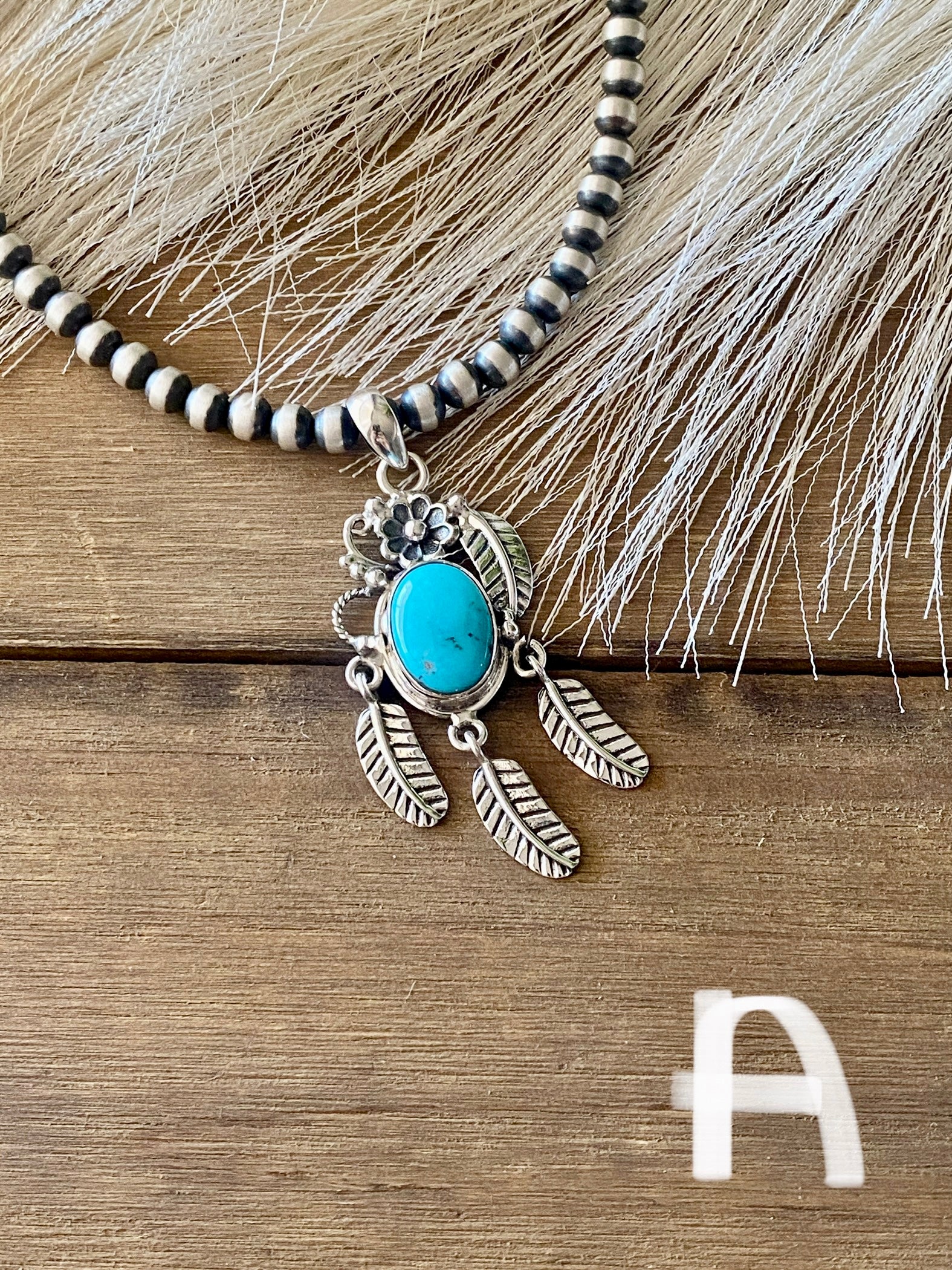 Southwest Handmade Kingman Turquoise & Sterling Silver Feather Pendant