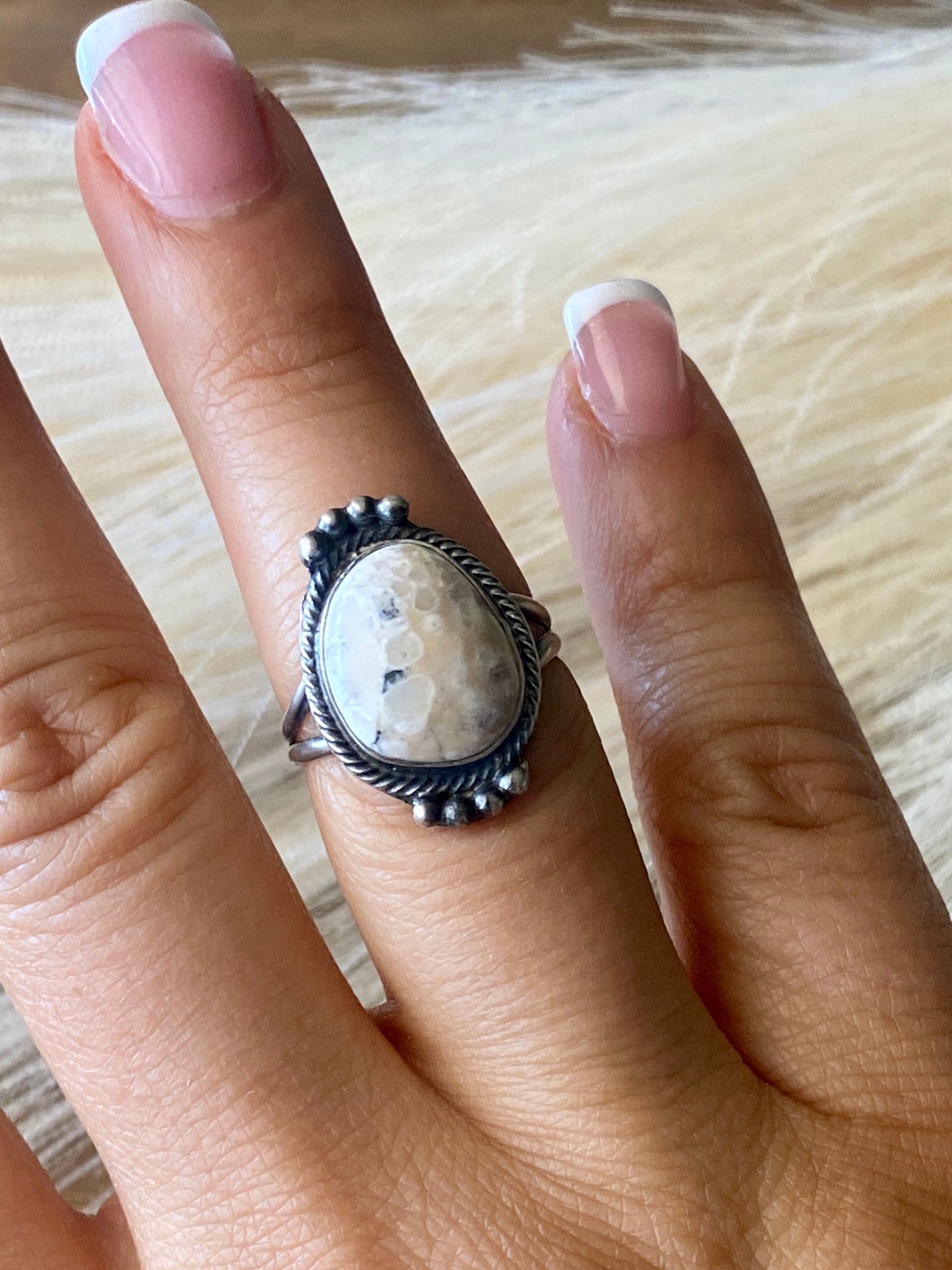 Navajo Made White Buffalo  & Sterling Silver Ring Size 8