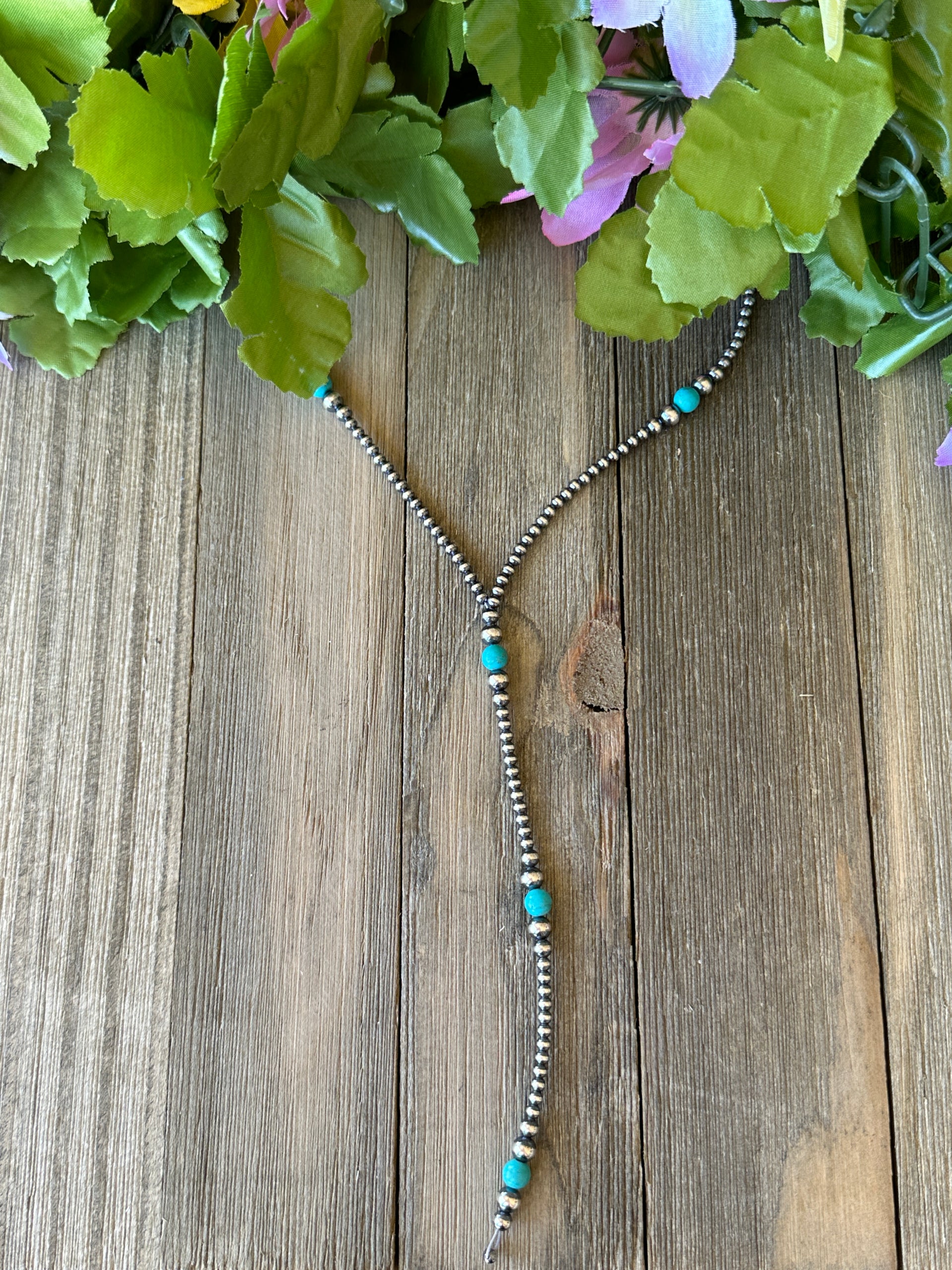 Navajo Made Kingman & Sterling Silver Graduated Pearl Lariat Necklace