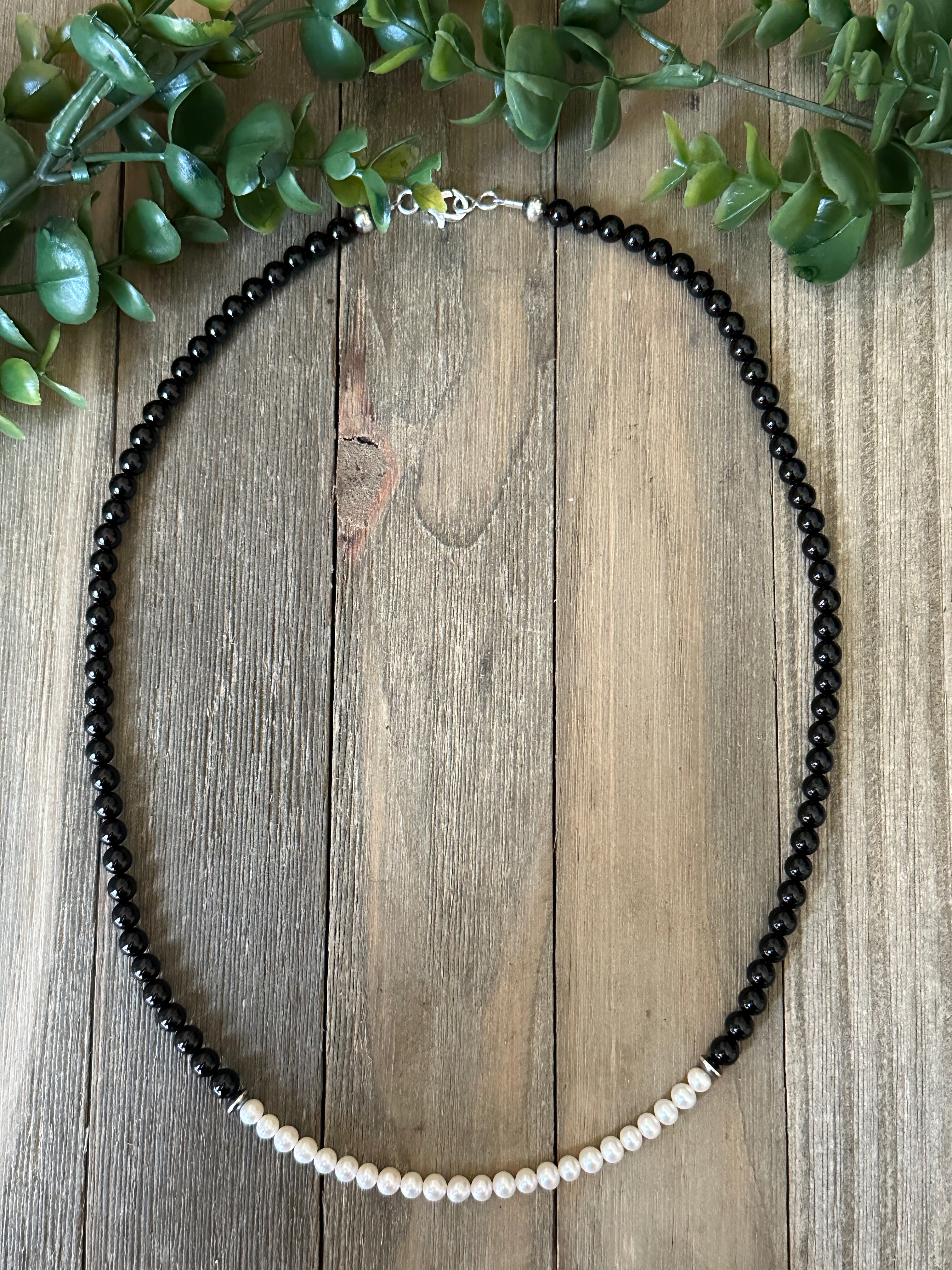 Navajo Strung Onyx & Fresh Wayer Pearls & Sterling Silver Beaded Necklace