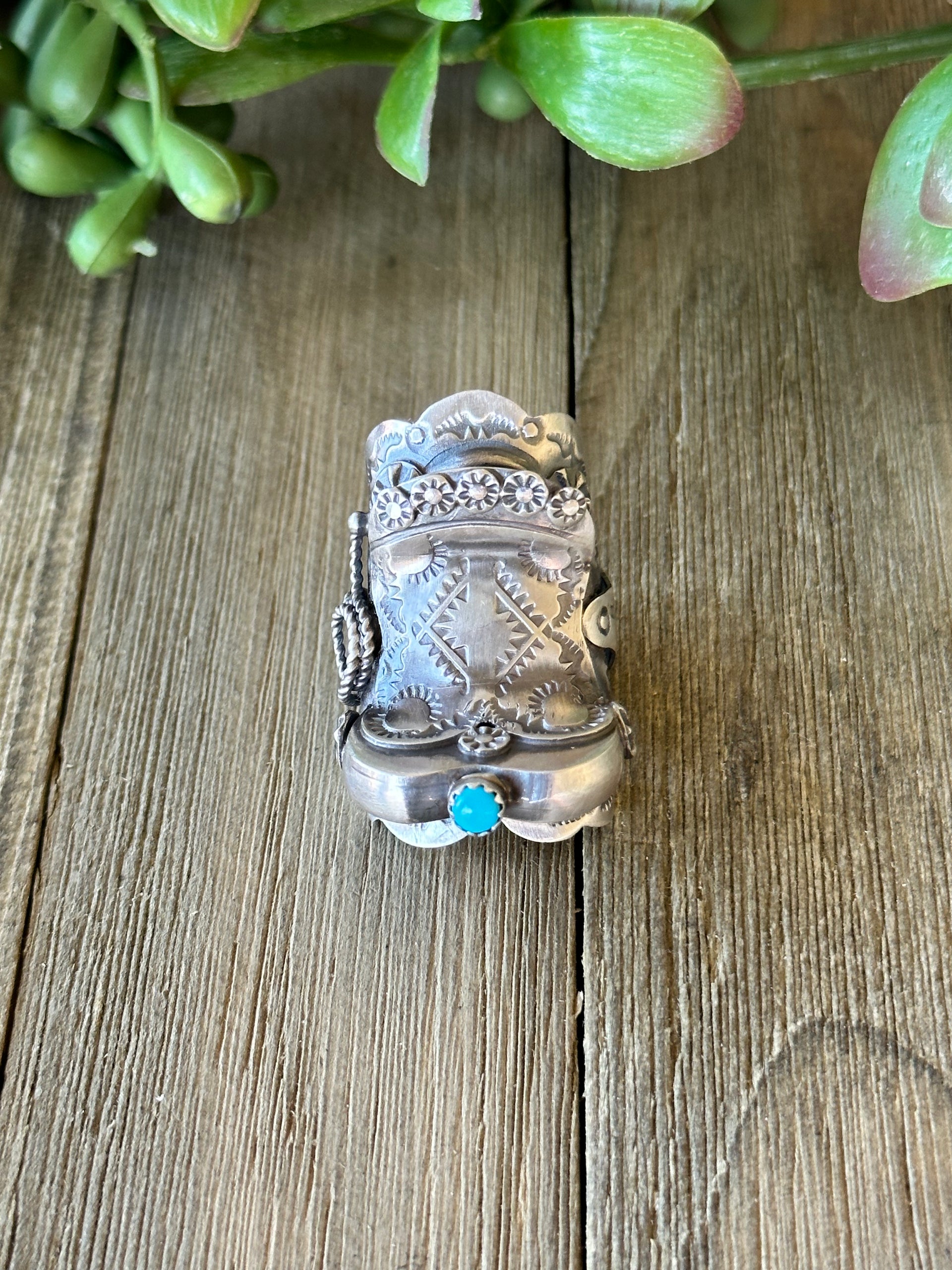 Tim Yazzie Kingman Turquoise & Sterling Silver Saddle Ring Size 7