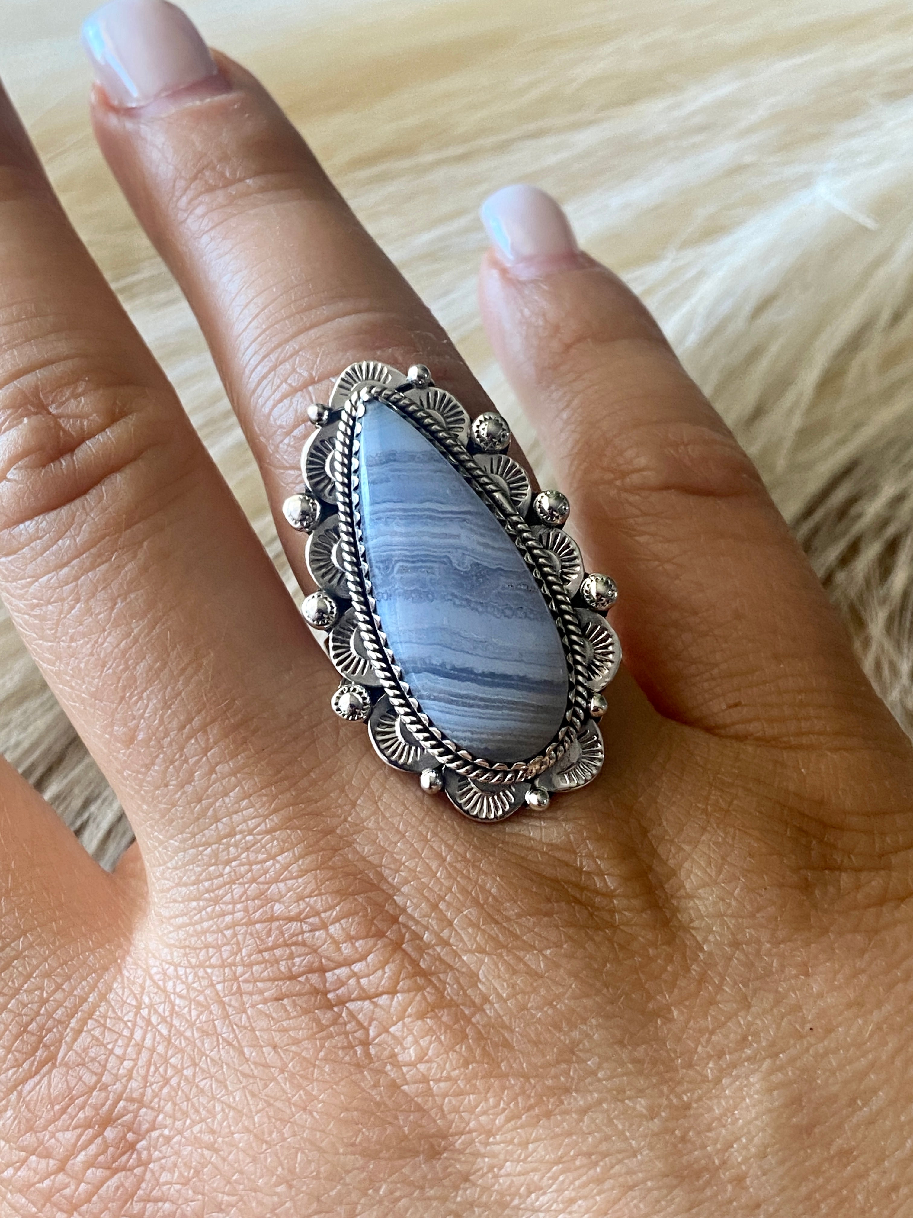 Southwest Handmade Blue Lace Agate & Sterling Silver Adjustable Ring