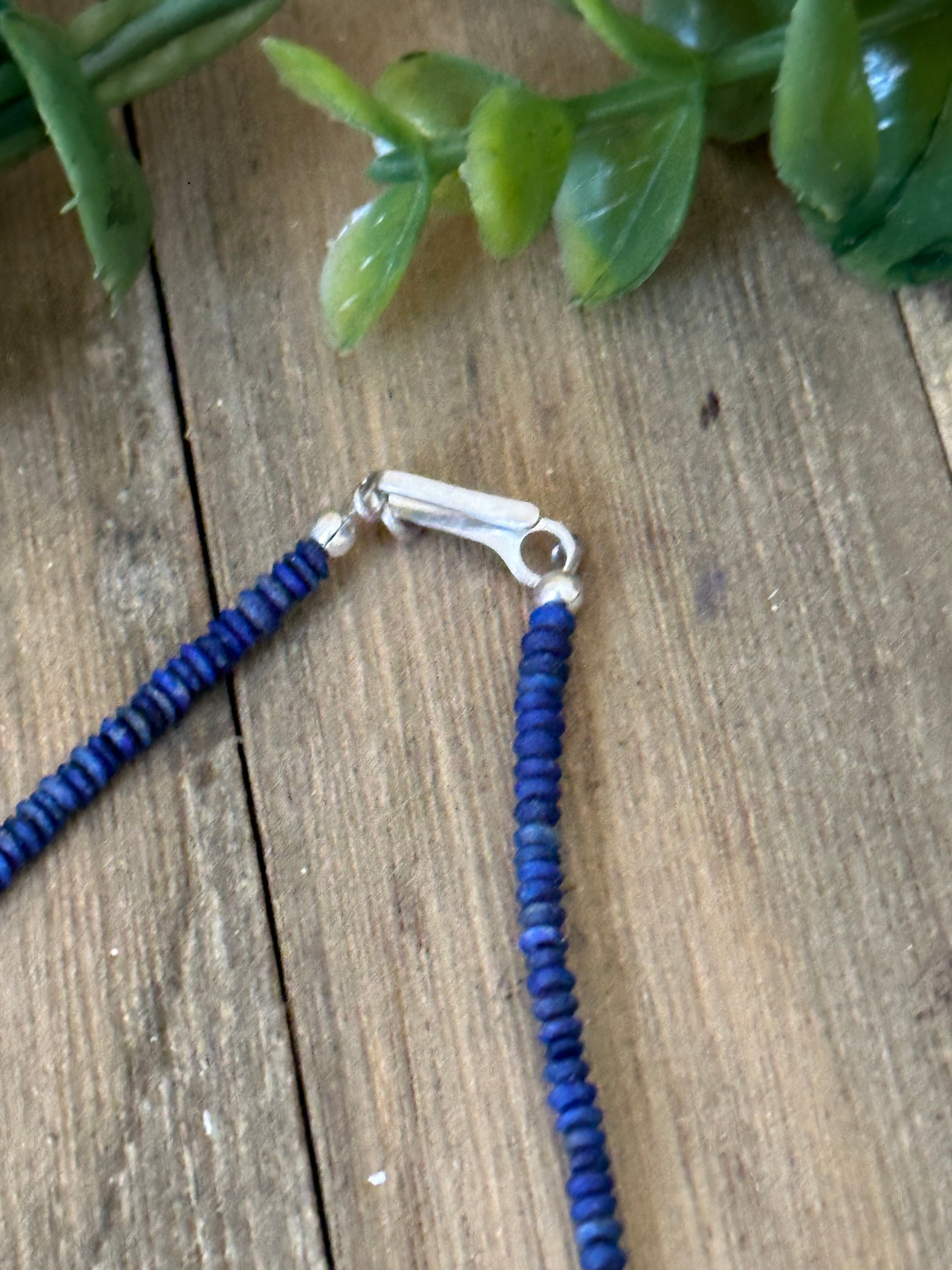 Navajo Strung Lapis & Sterling Silver Pearls Beaded Necklace