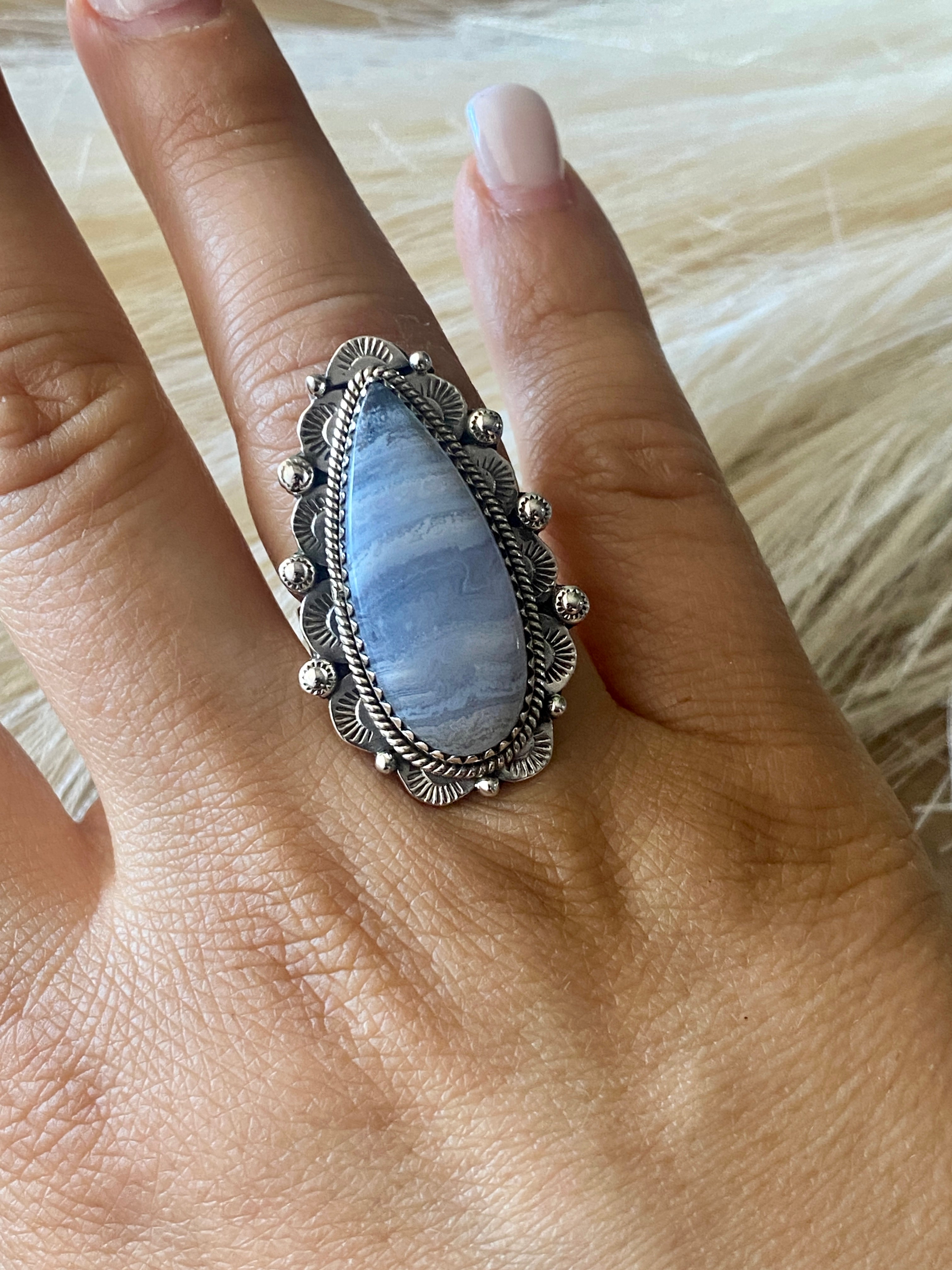 Southwest Handmade Blue Lace Agate & Sterling Silver Adjustable Ring