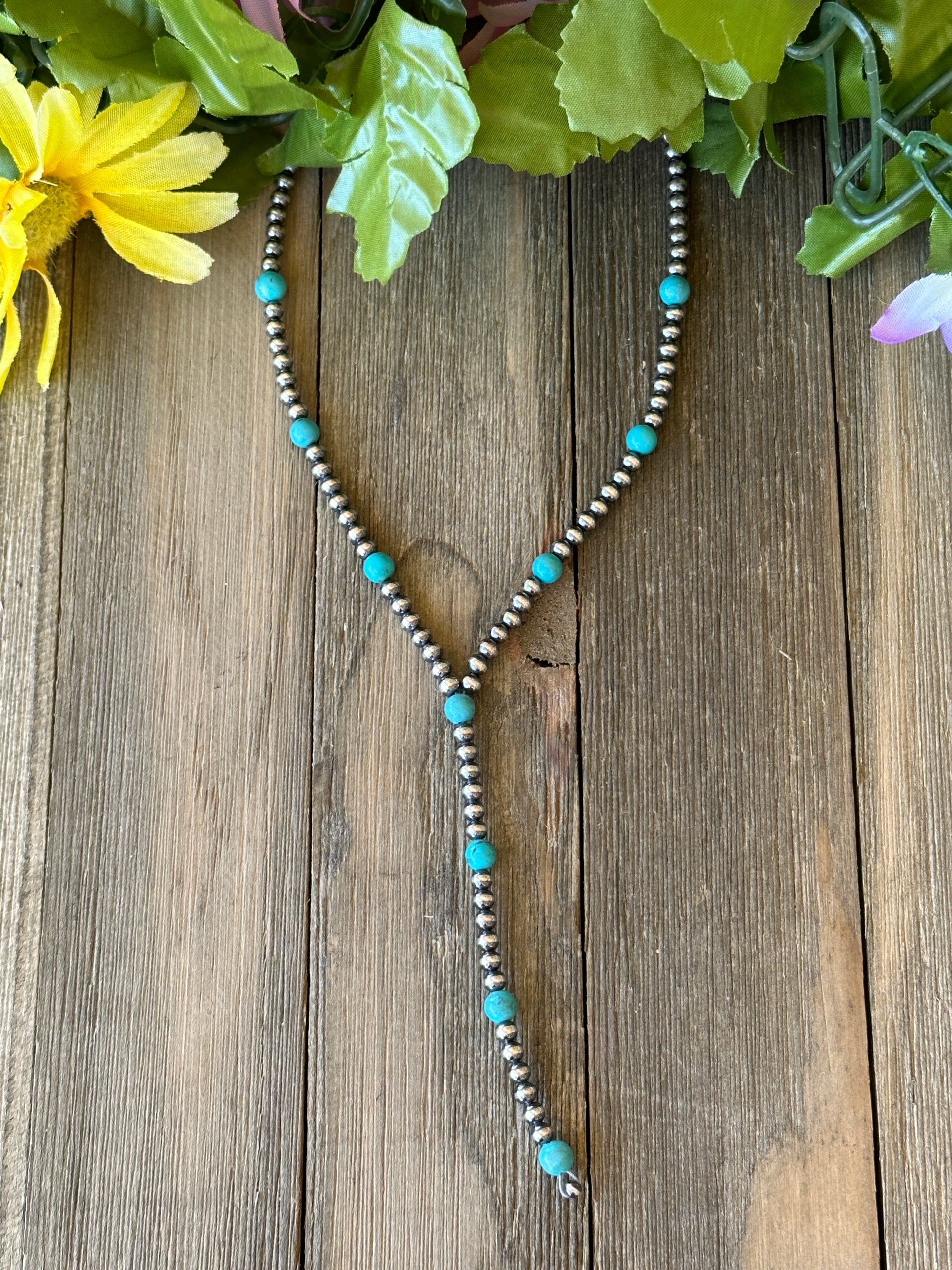 Navajo Made Kingman & Sterling Silver 4 MM Pearl Lariat Necklace