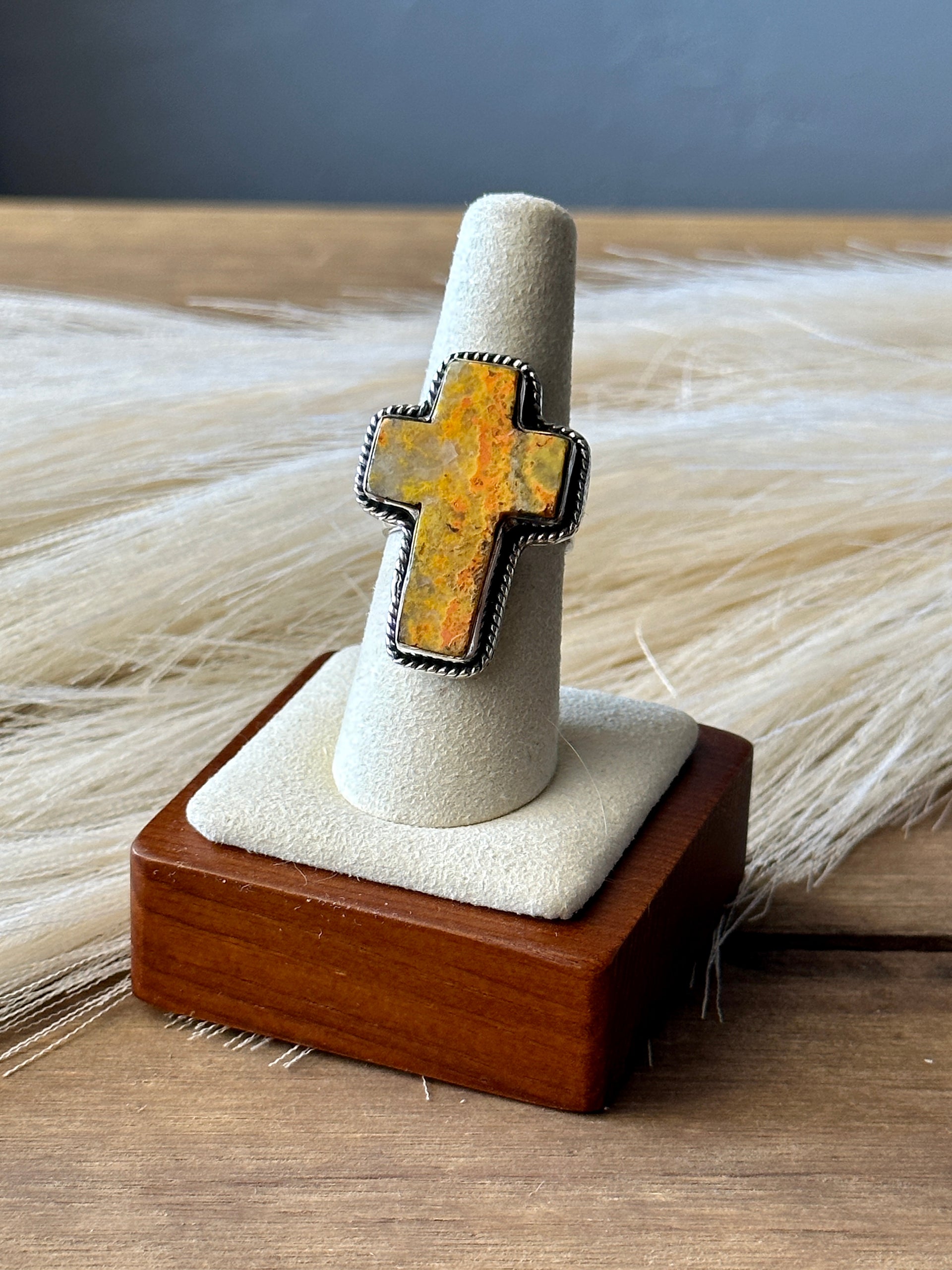 Southwest Handmade Bb Agate & Sterling Silver Adjustable Cross Ring