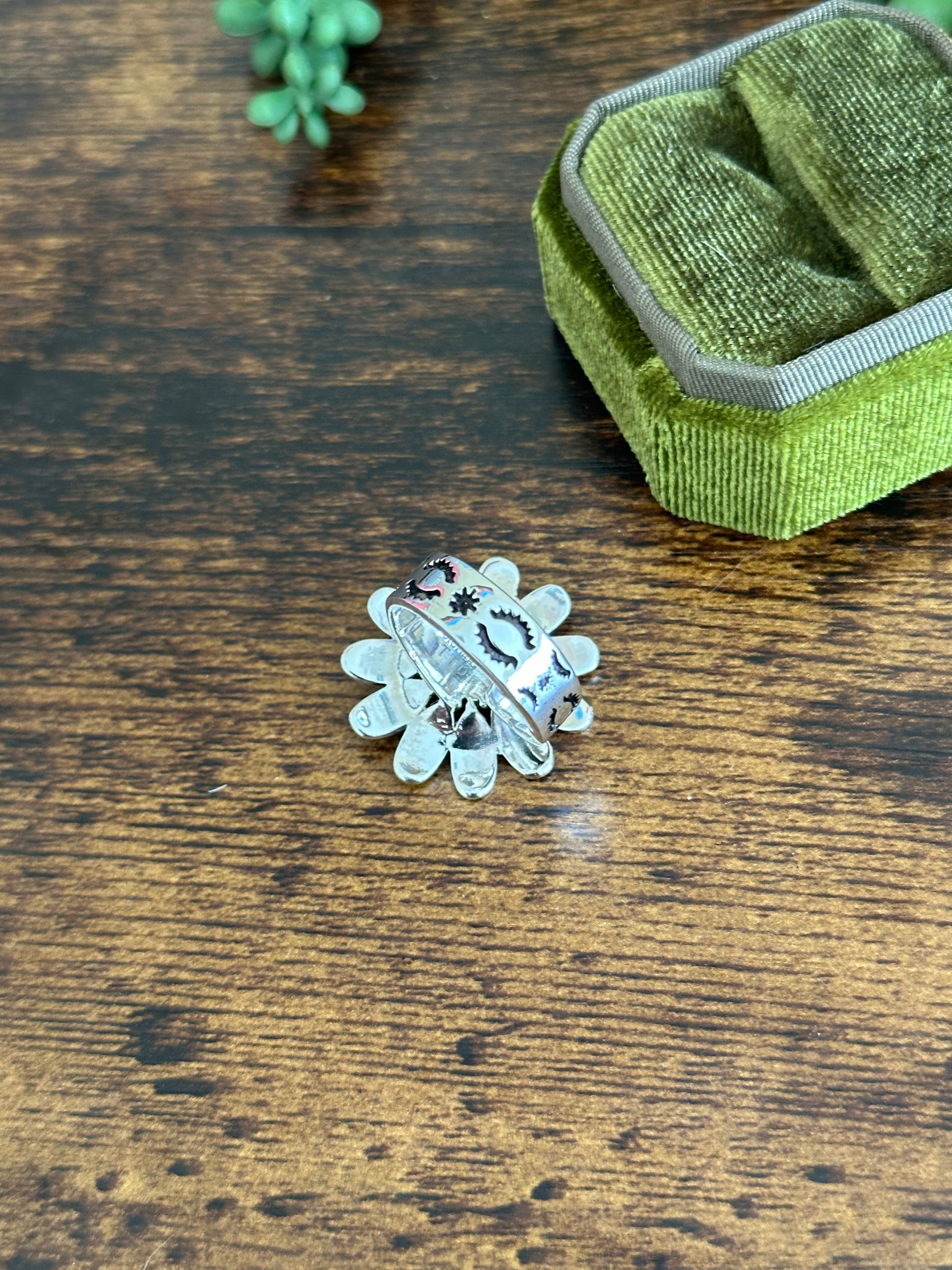 Southwest Made Wild Horse & Sterling Silver Flower Adjustable Ring