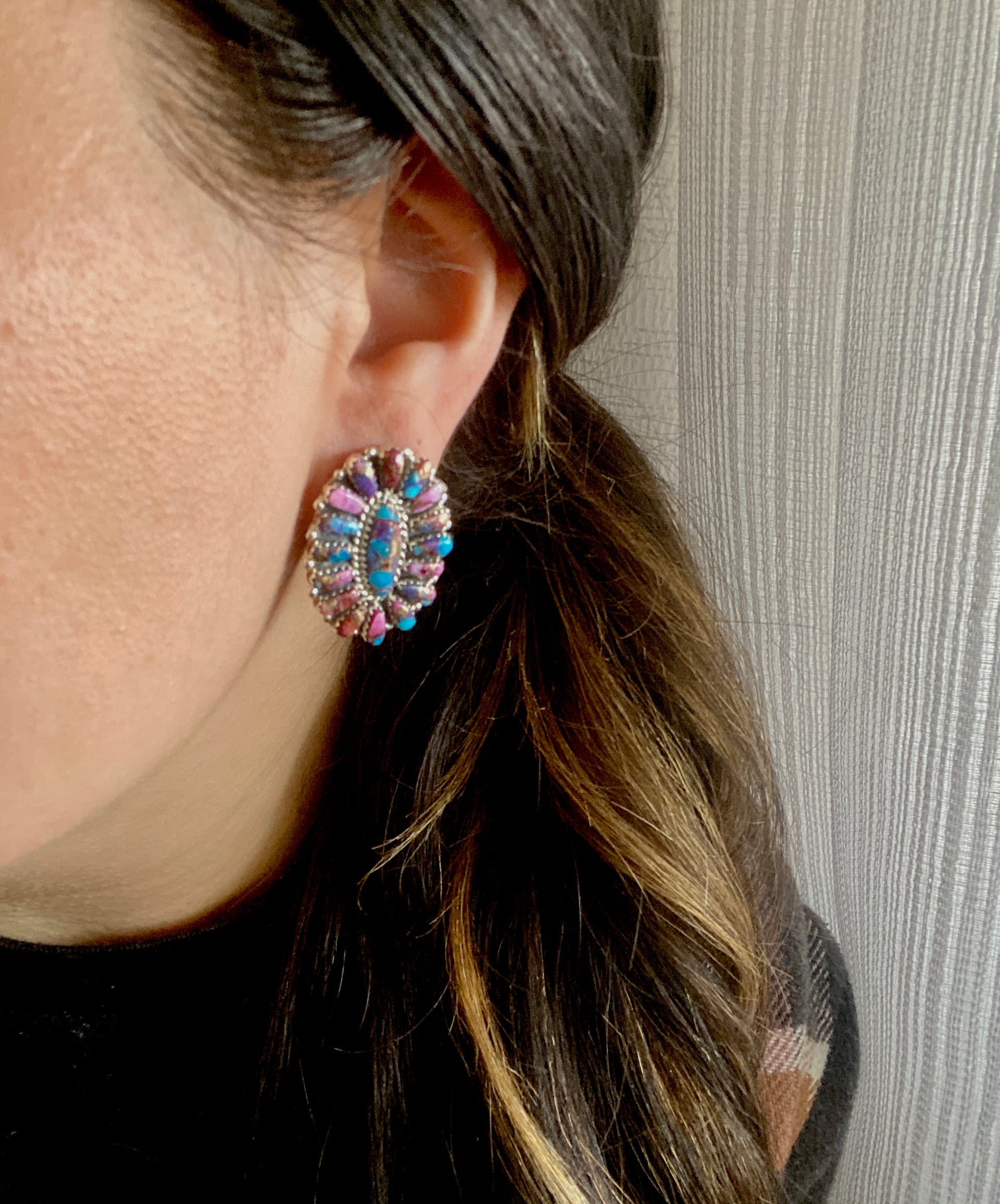 Navajo Made Pink Mohave Turquoise & Sterling Silver Post Cluster Earrings