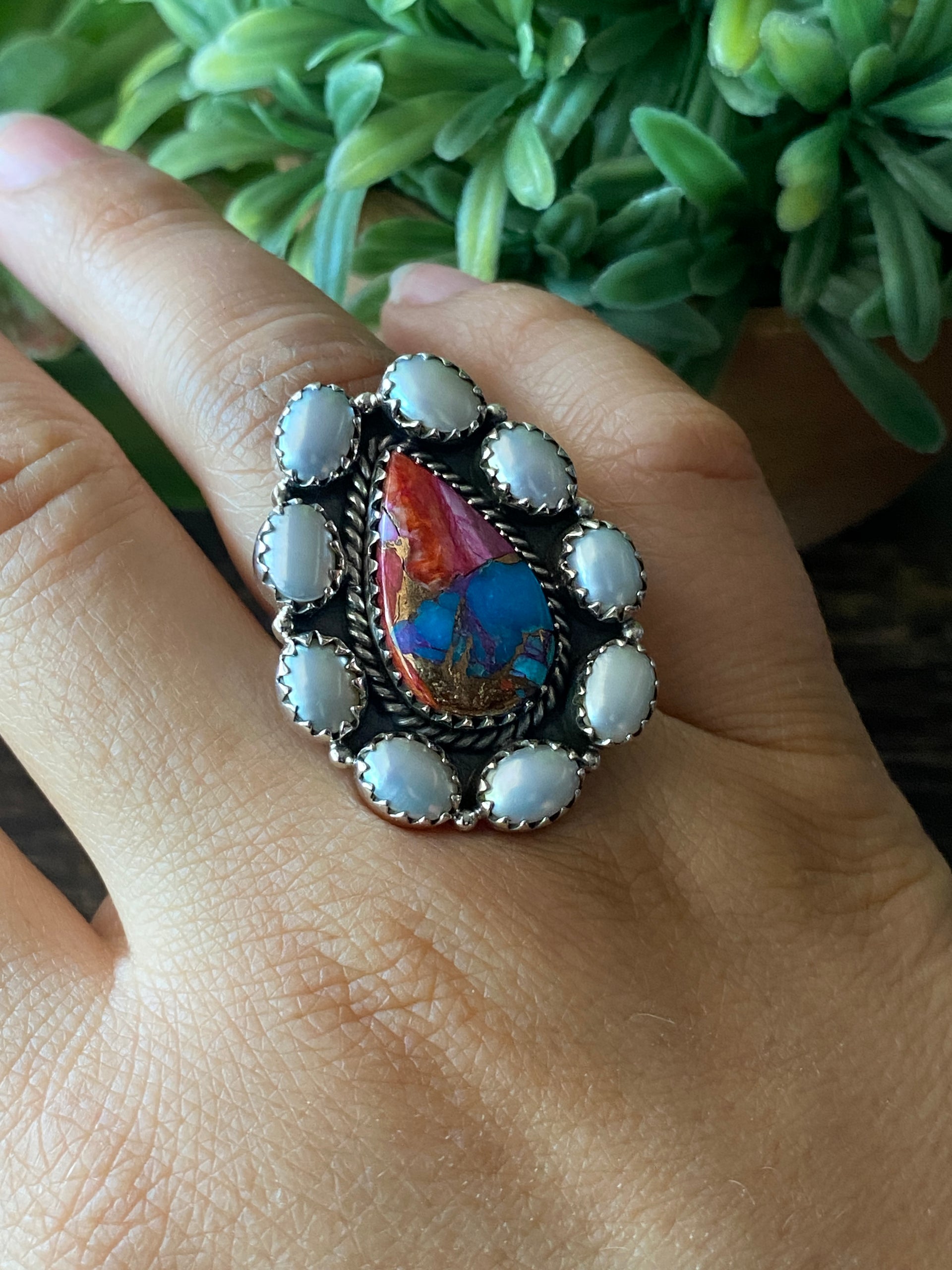 Southwest Handmade Multi Stone & Sterling Silver Adjustable Cluster Ring