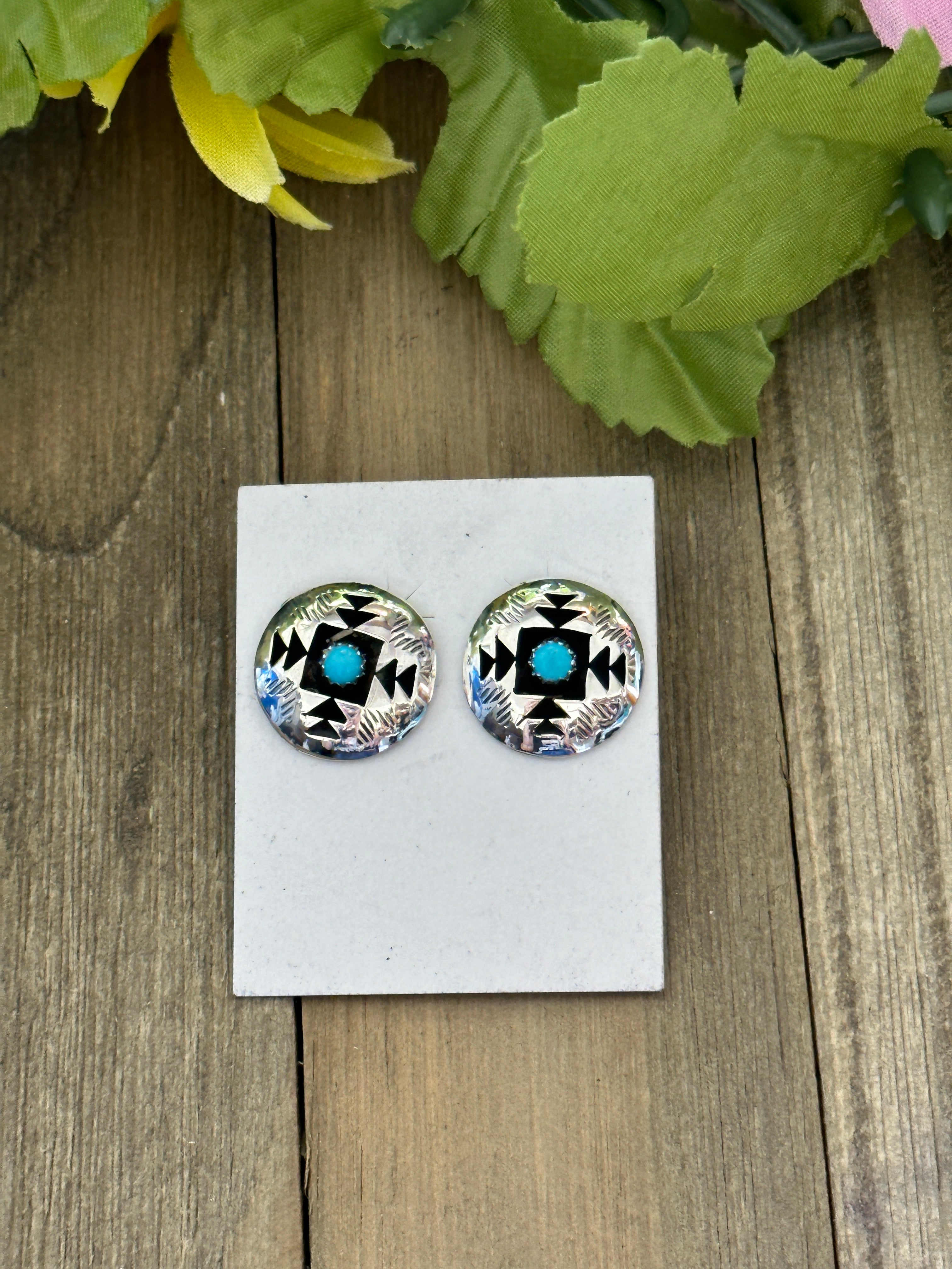 Navajo Made Kingman Turquoise & Sterling Silver Post Earrings