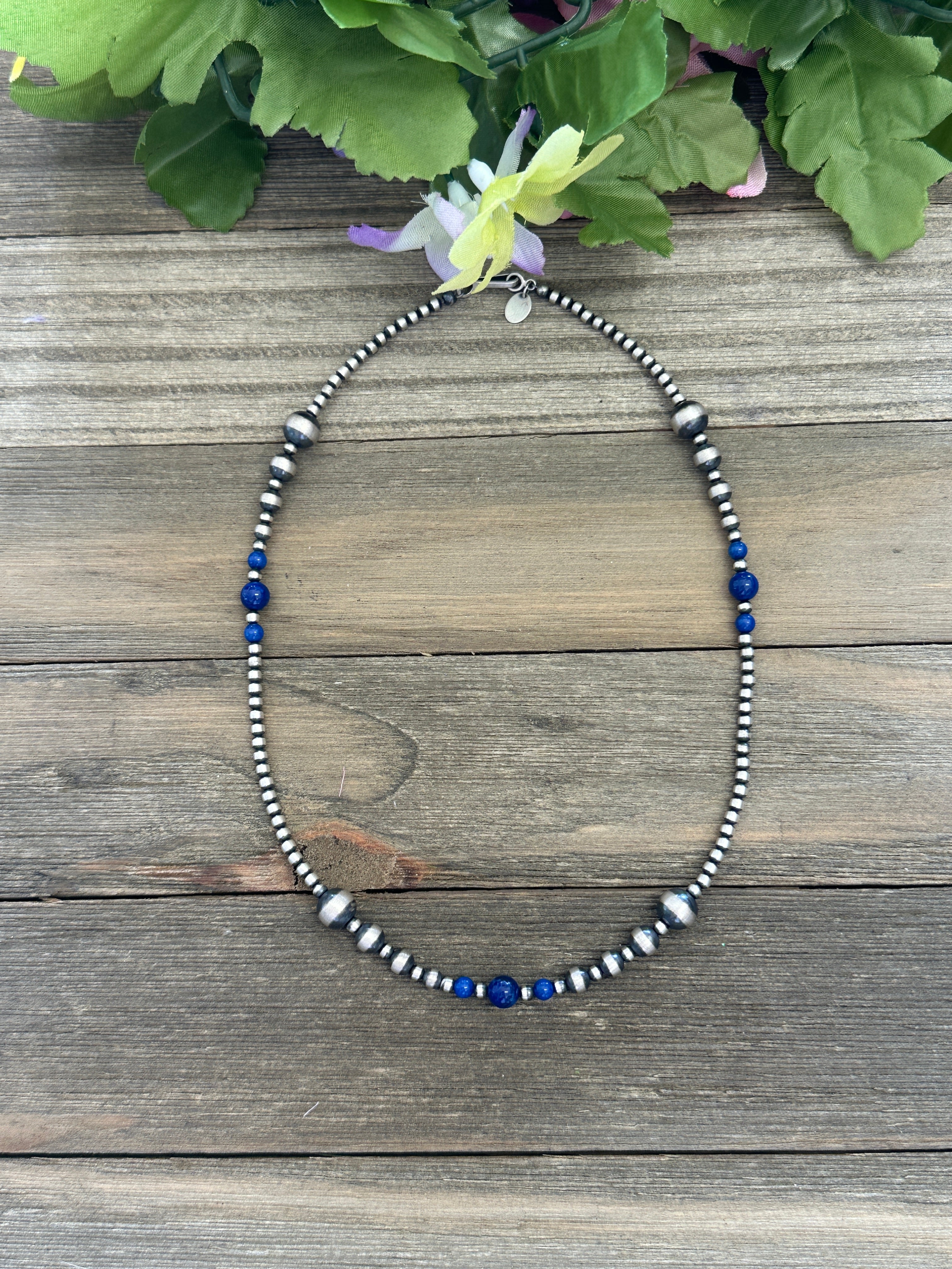 Navajo Strung Lapis & Sterling Silver Graduated Pearl Necklace