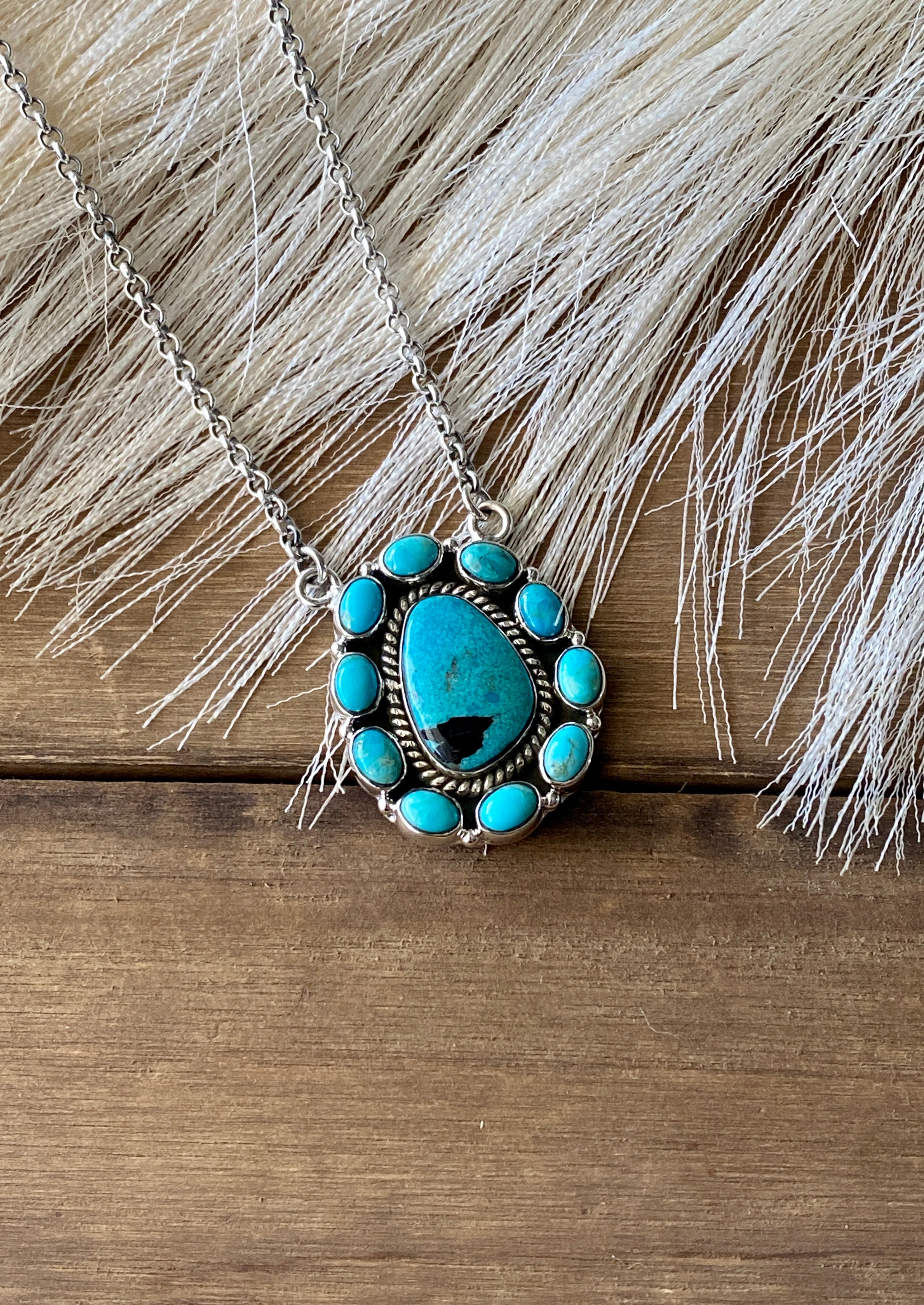 Southwest Handmade Kingman Turquoise & Sterling Silver Cluster Necklace