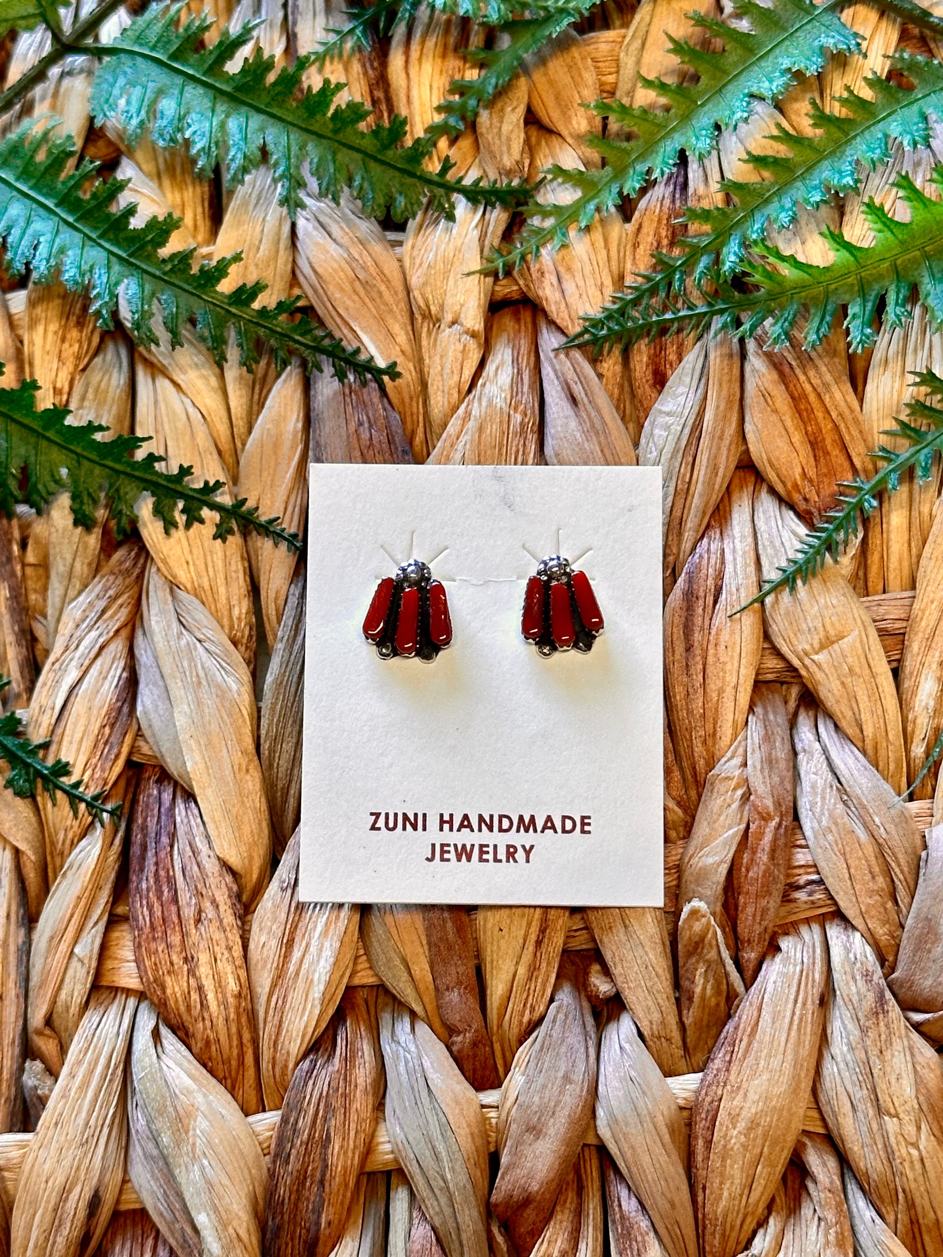 Zuni Made Coral & Sterling Silver Post Cluster Earrings
