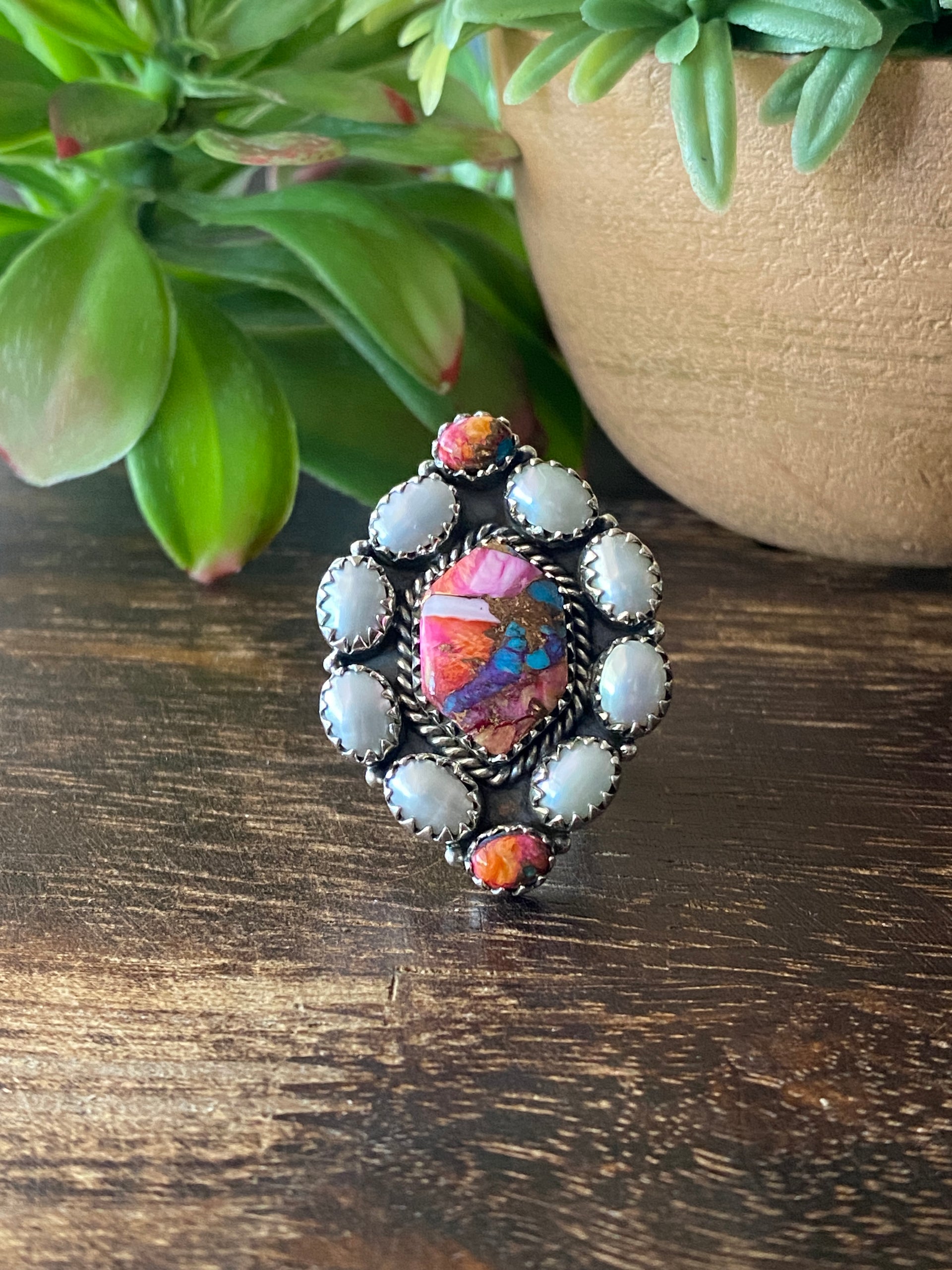 Southwest Handmade Multi Stone & Sterling Silver Adjustable Cluster Ring