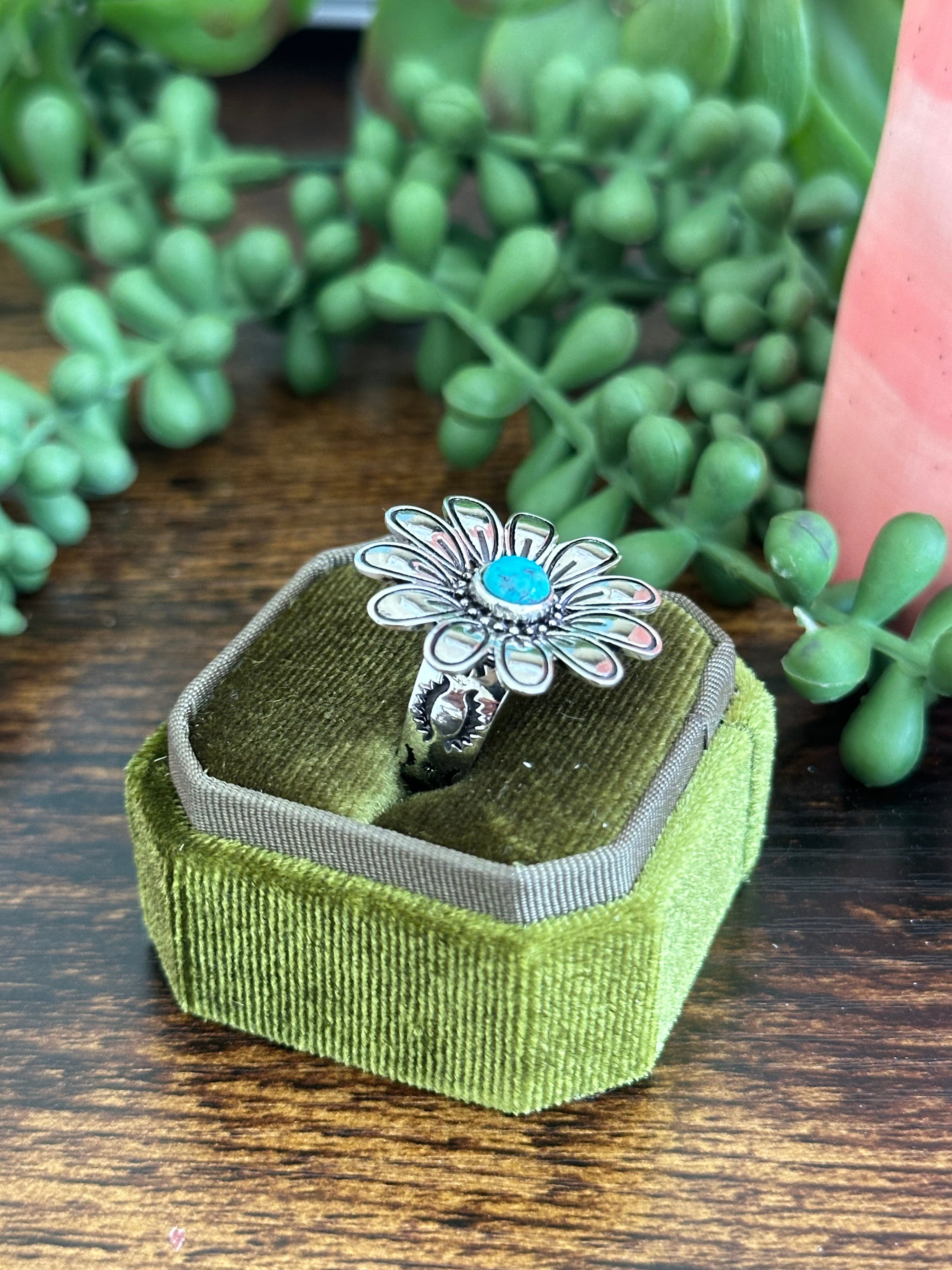 Southwest Made Turquoise & Sterling Silver Flower Adjustable Ring