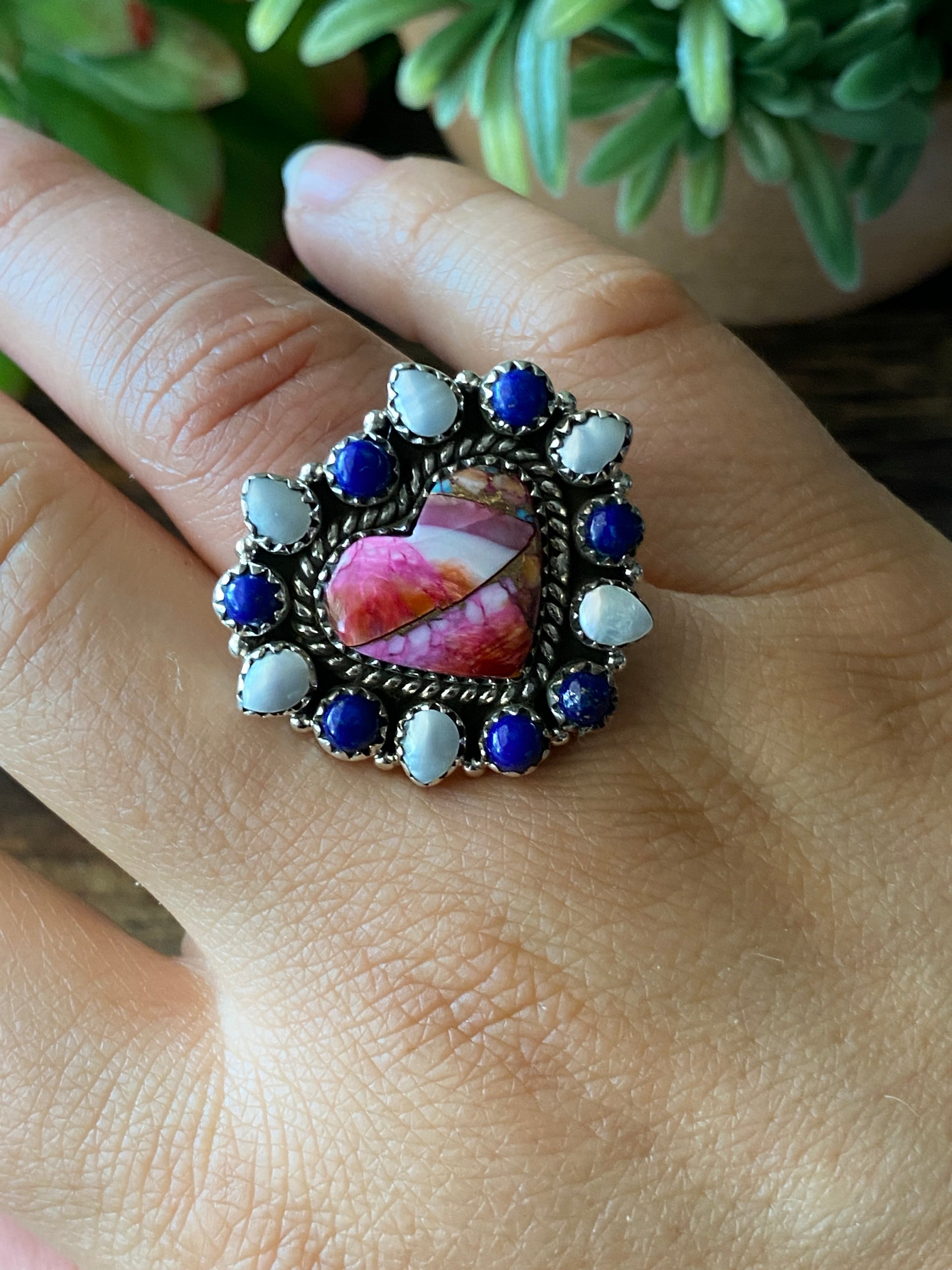 Southwest Handmade Multi Stone & Sterling Silver Adjustable Cluster Ring