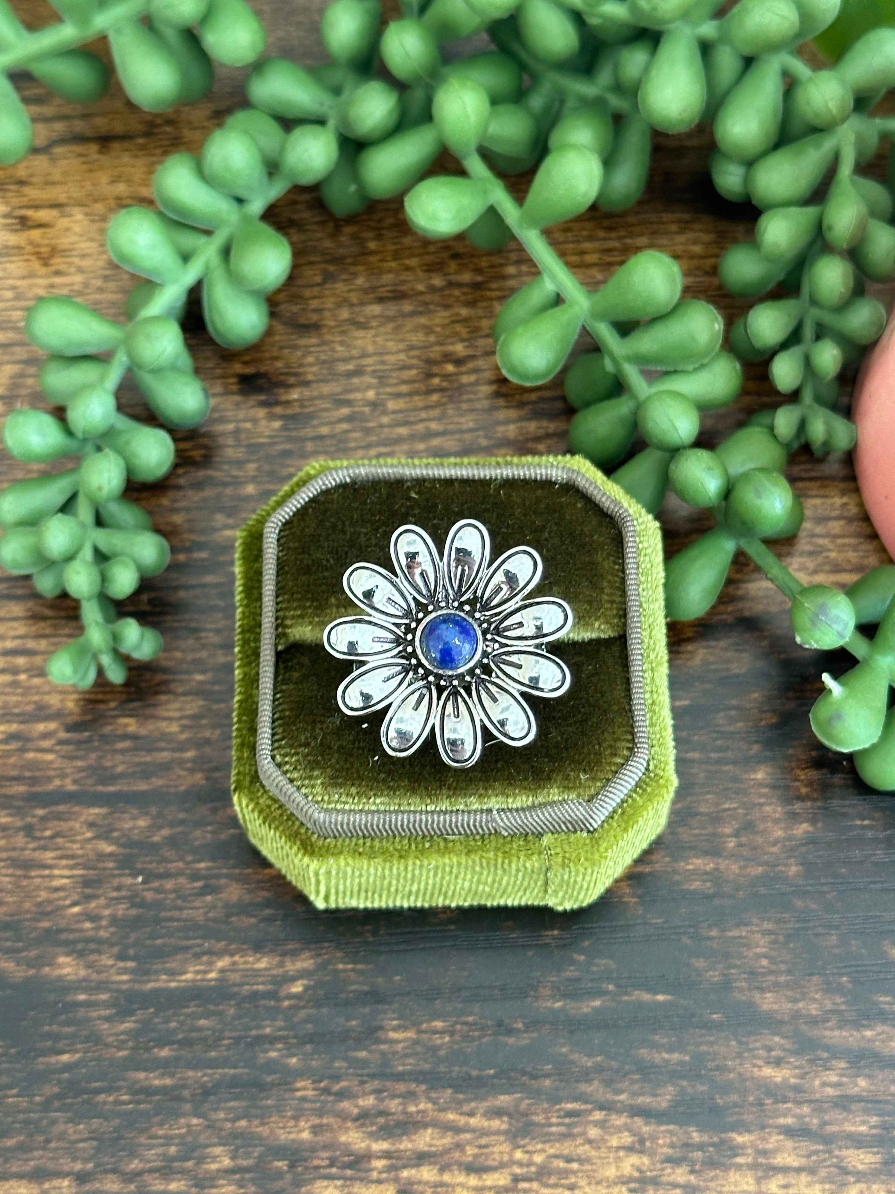 Southwest Made Lapis & Sterling Silver Flower Adjustable Ring