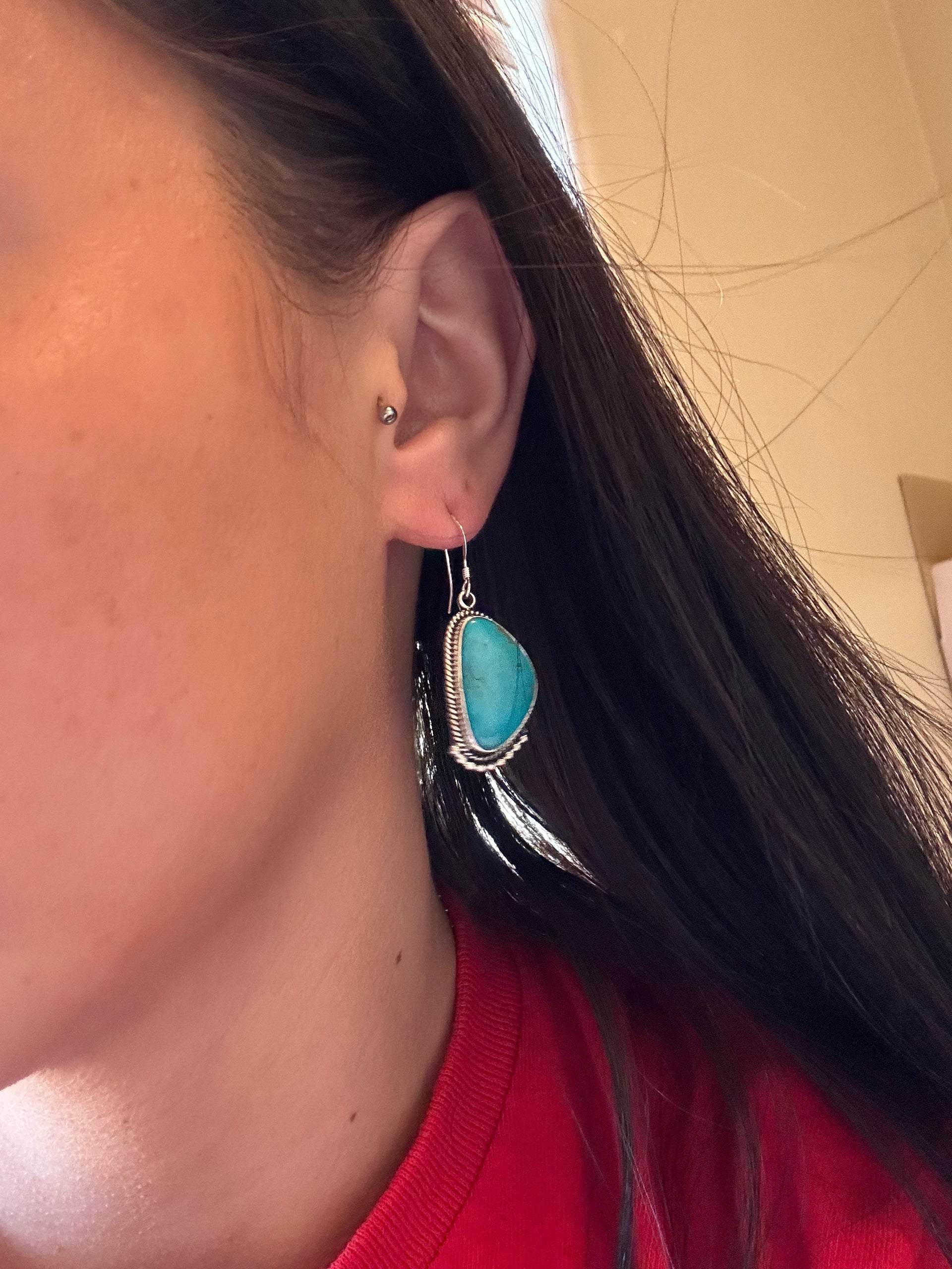 Navajo Made Kingman Turquoise & Sterling Silver Dangle Earrings