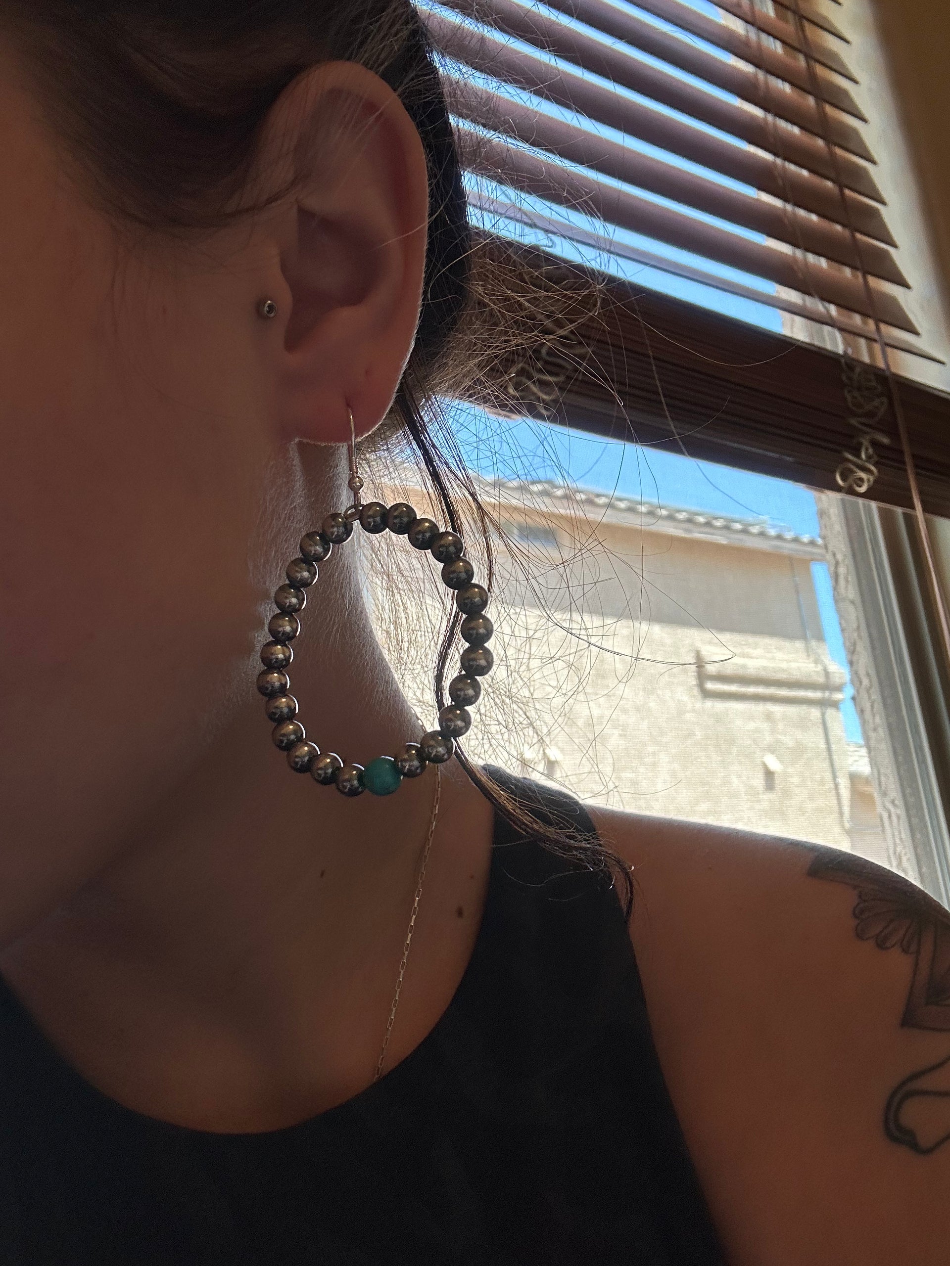 Navajo Made Kingman Turquoise & Sterling Silver Pearls Dangle Hoop Earrings