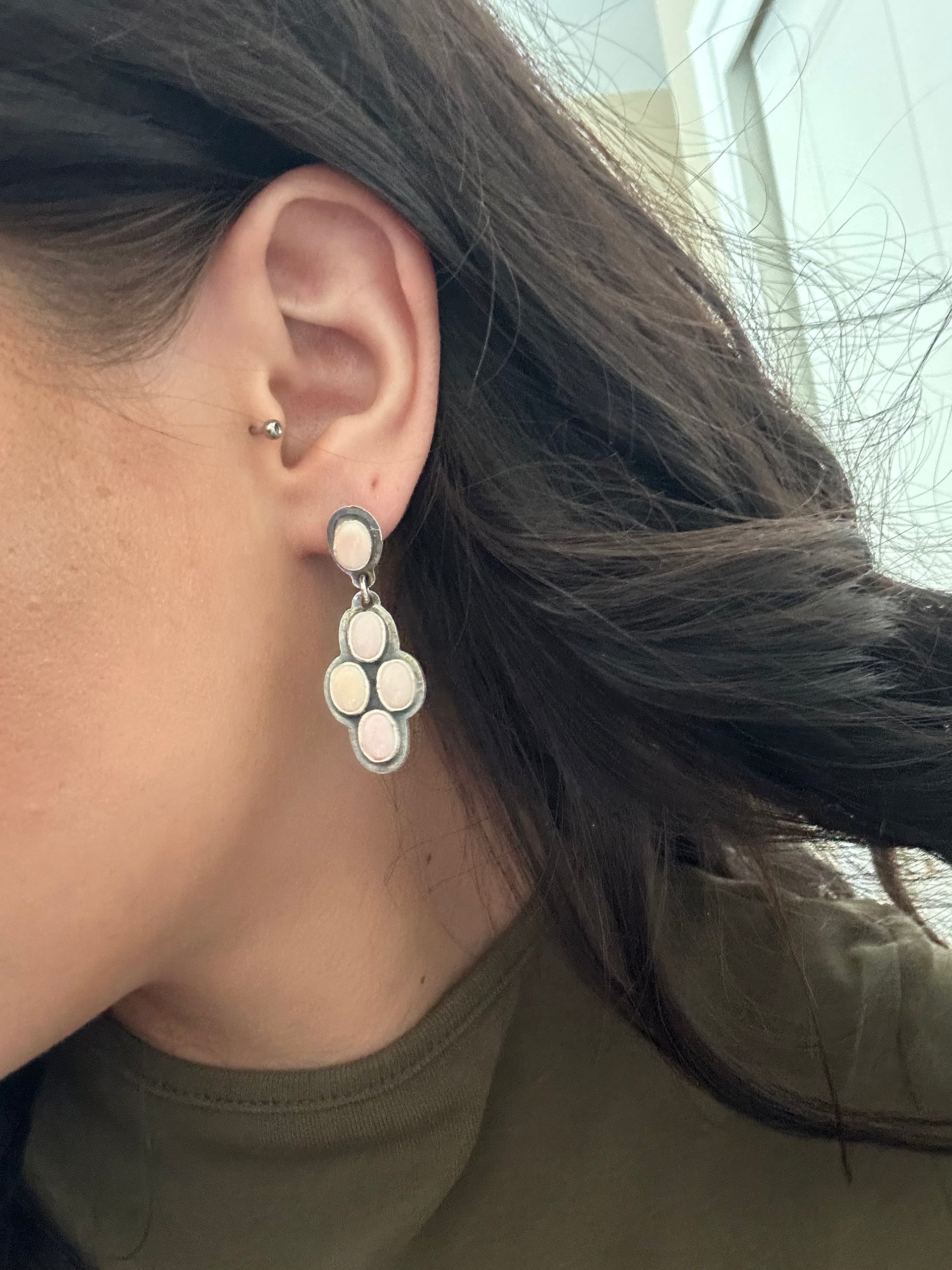 Navajo Made Pink Conch & Sterling Silver Post Dangle Earrings