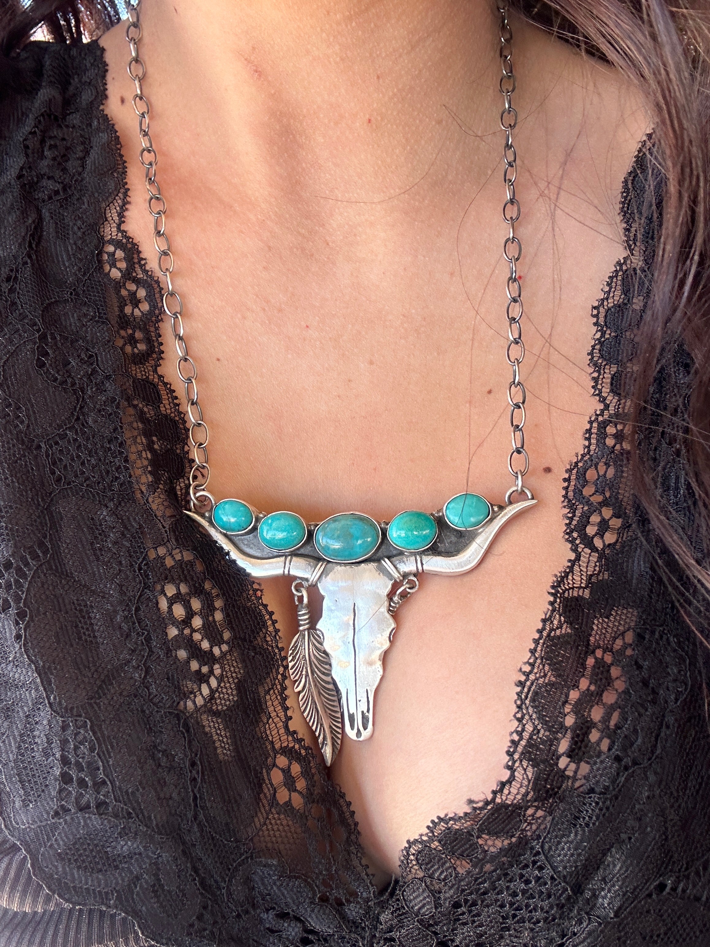 Navajo Made Kingman Turquoise & Sterling Silver Bull Skull Necklace