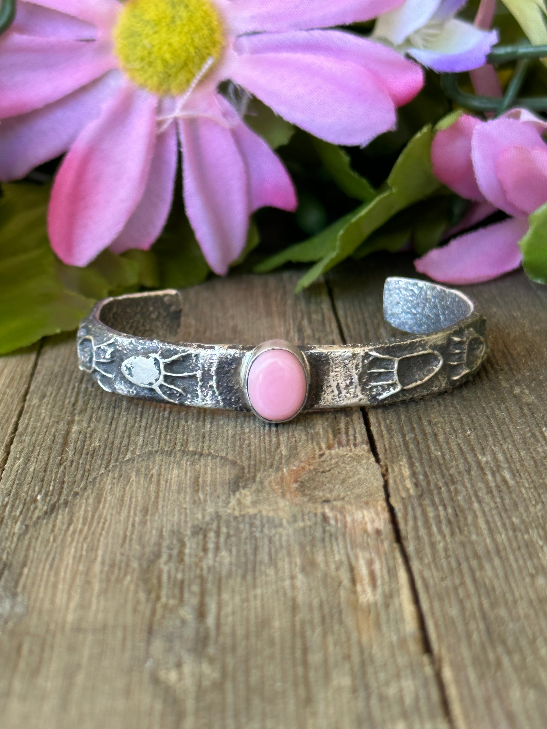 Navajo Made Pink Conch & Sterling Silver Tufa Cast Cuff Bracelet