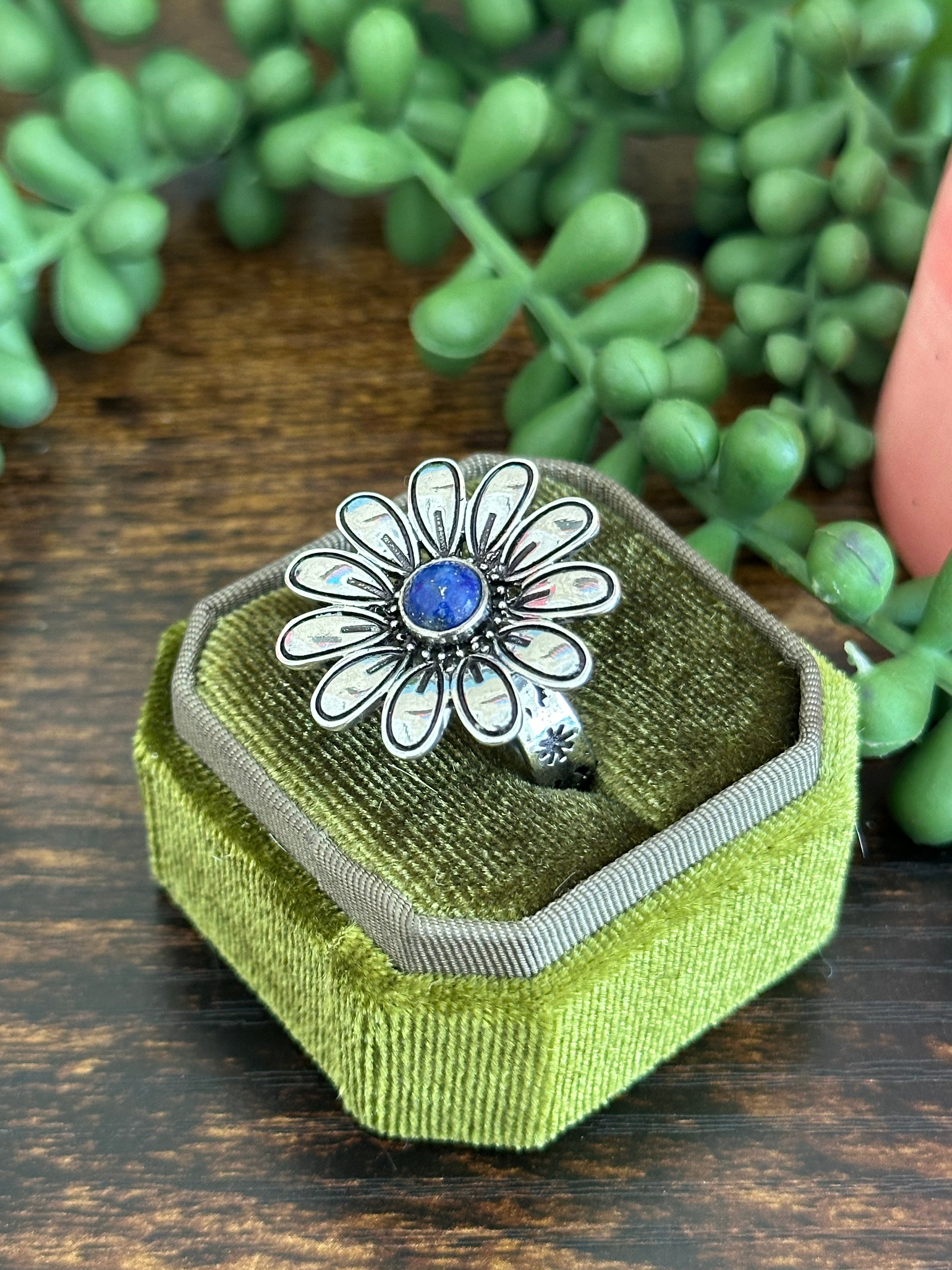 Southwest Made Lapis & Sterling Silver Flower Adjustable Ring