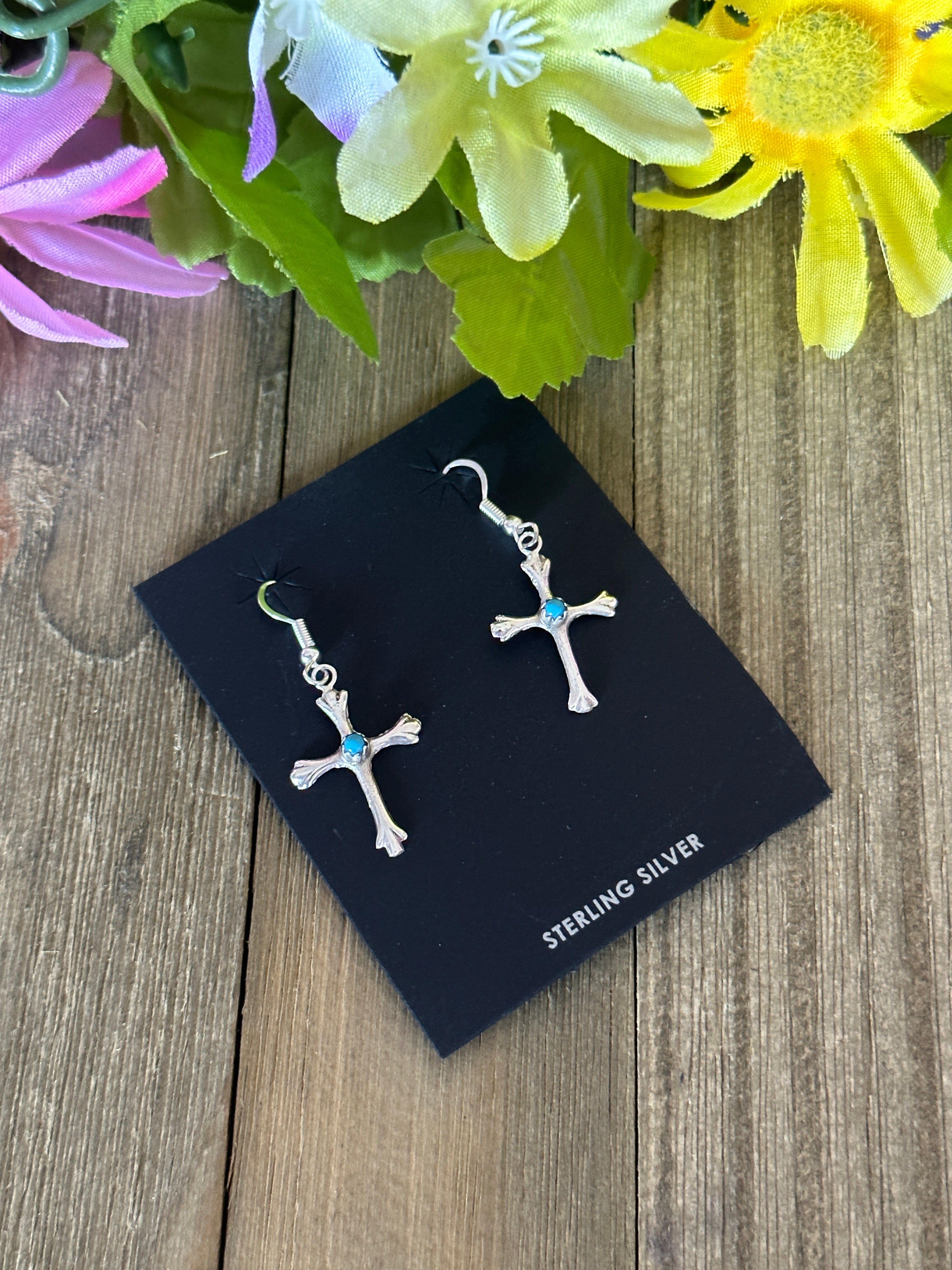 Navajo Made Sterling Silver Dangle Cross Earrings