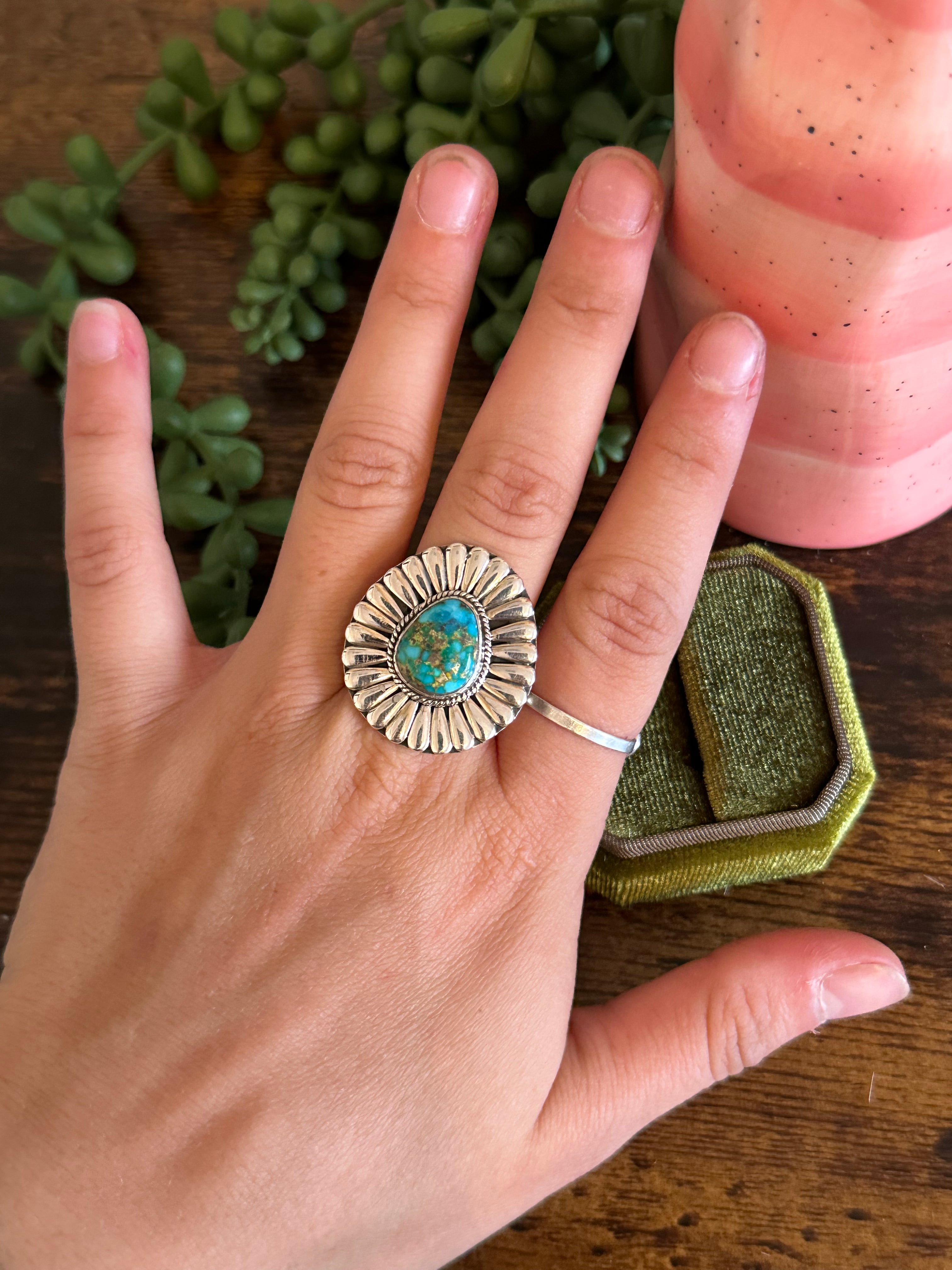 Navajo Made Sonoran Mountain Turquoise & Sterling Silver Ring Size 10.5