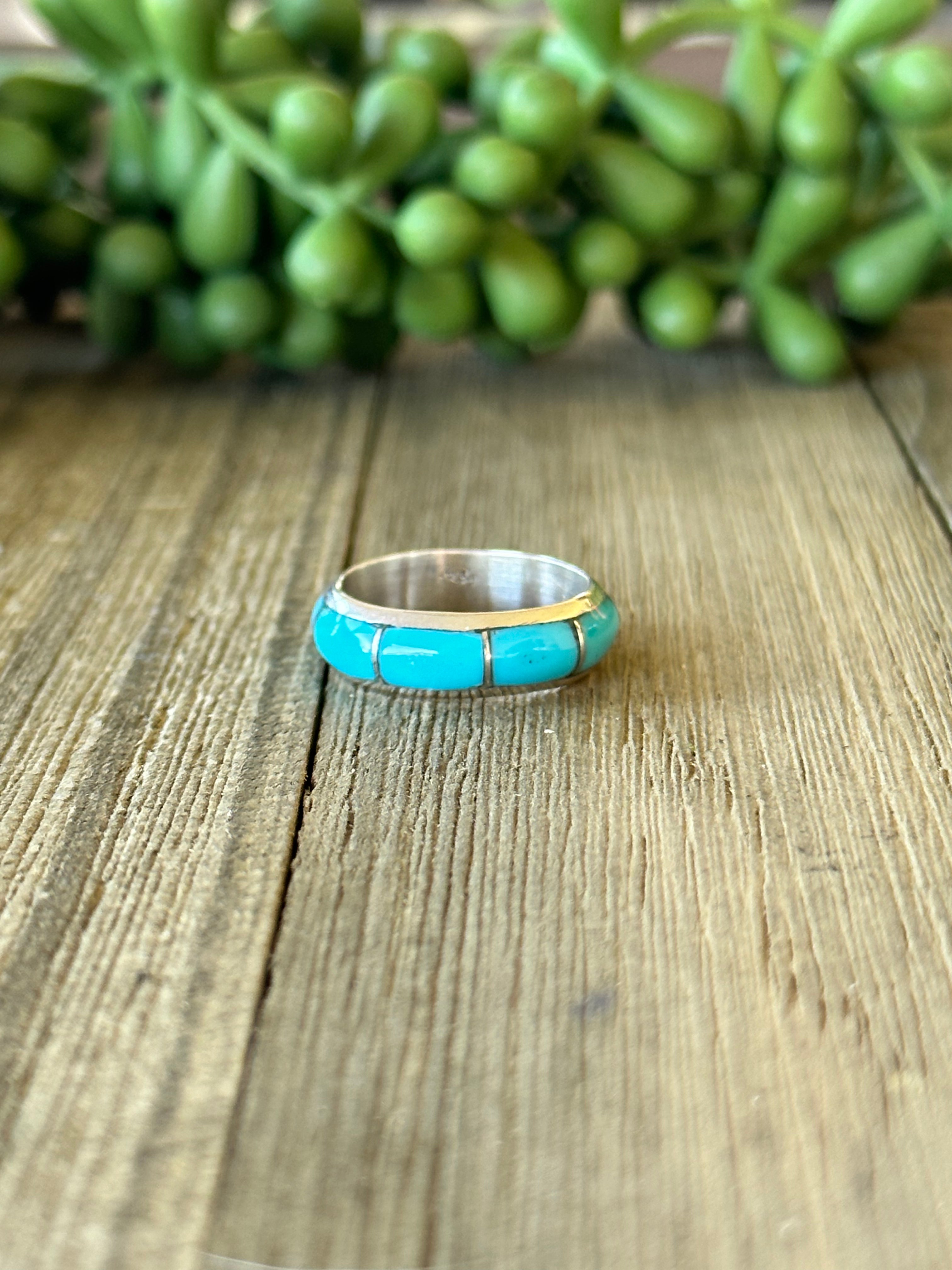 Navajo Handmade Kingman Turquoise & Sterling Silver Inlay Ring