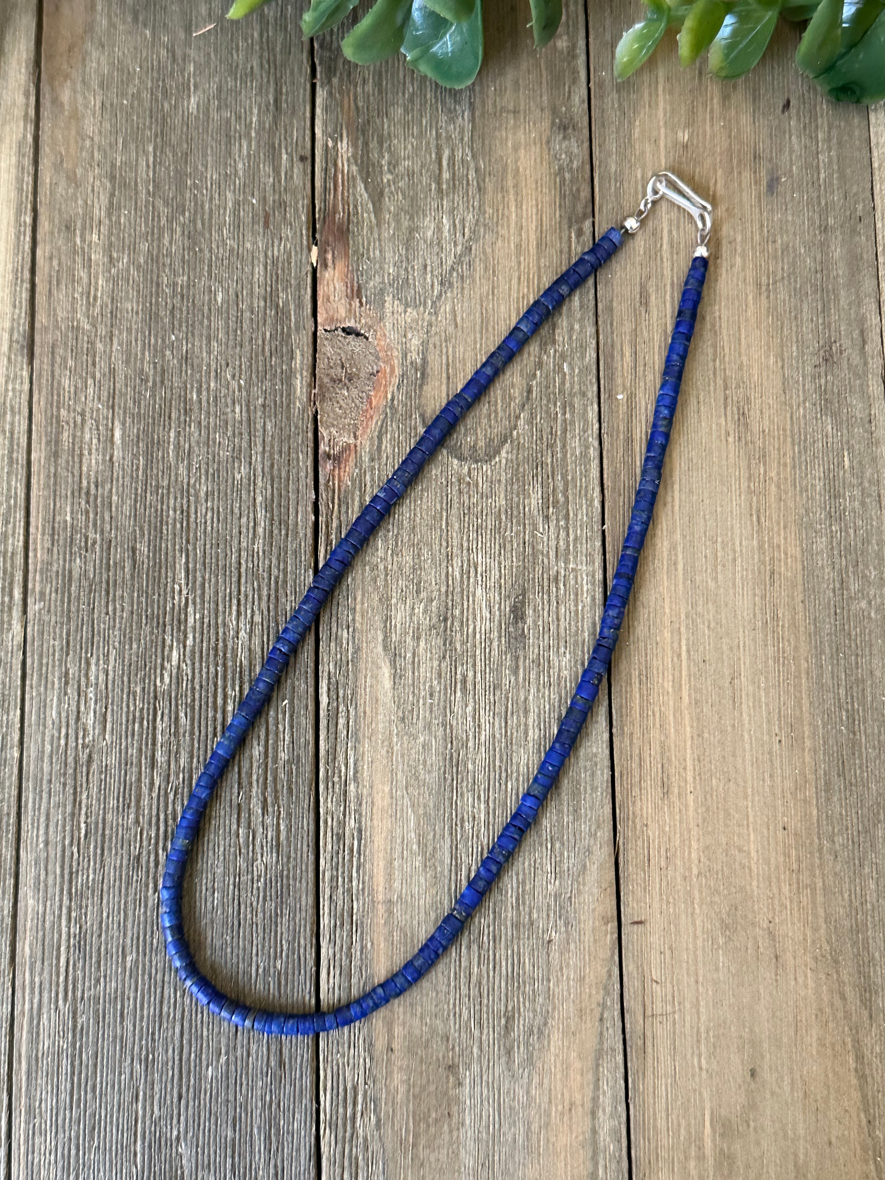 Navajo Strung Lapis & Sterling Silver Pearls Beaded Necklace