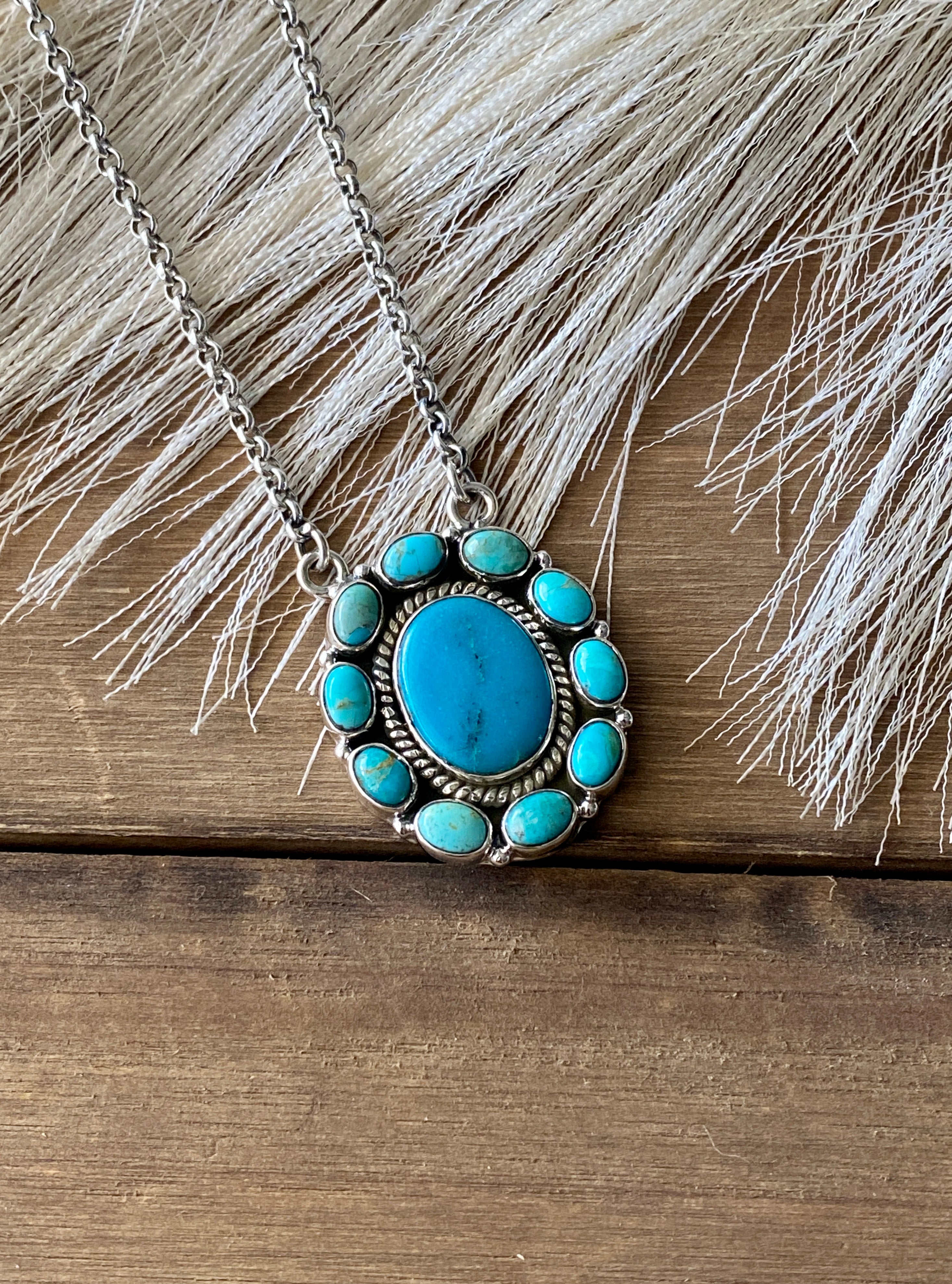 Southwest Handmade Kingman Turquoise & Sterling Silver Cluster Necklace