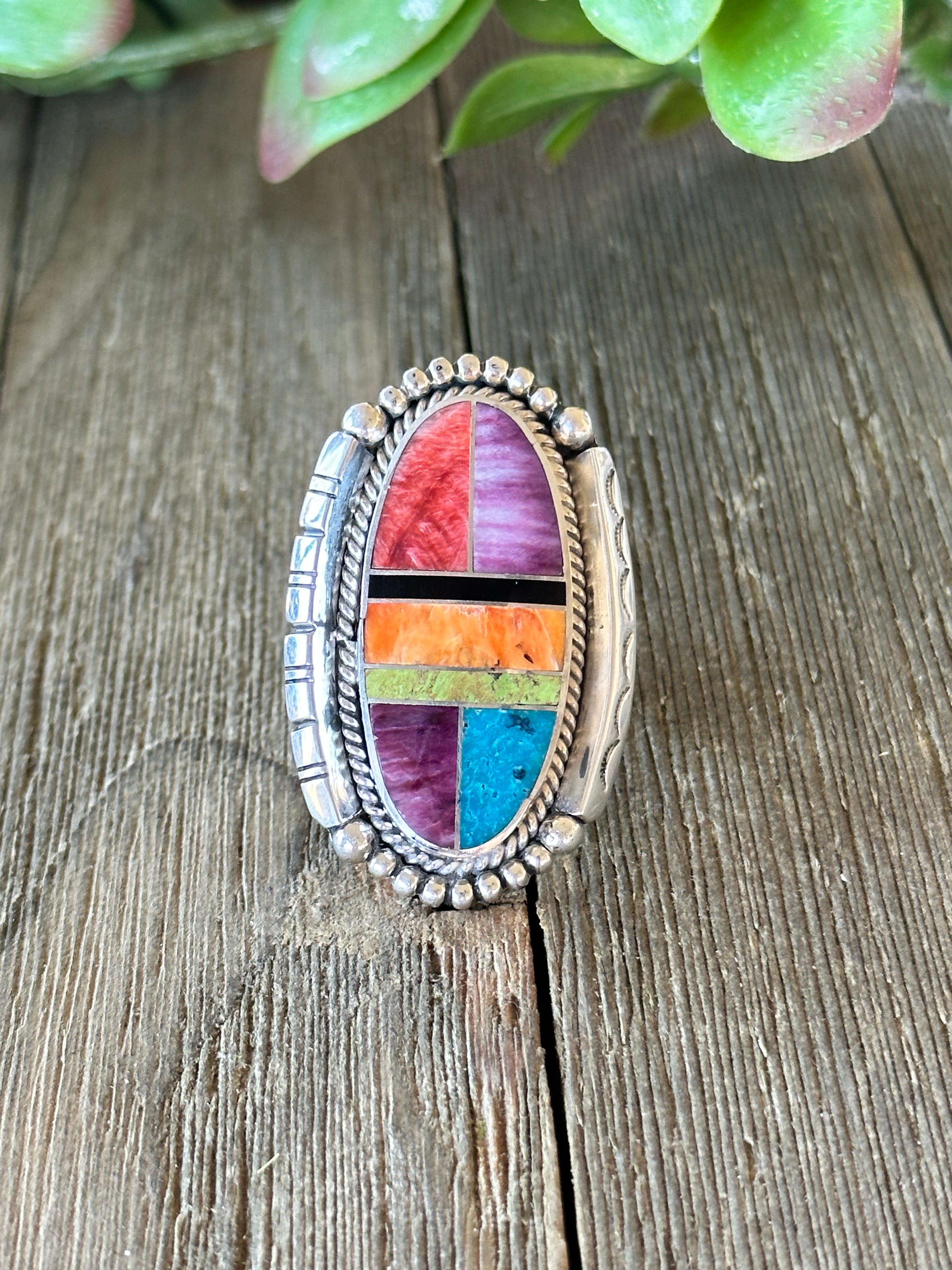 Navajo Made Multi Stone & Sterling Silver Inlay Ring Size 10