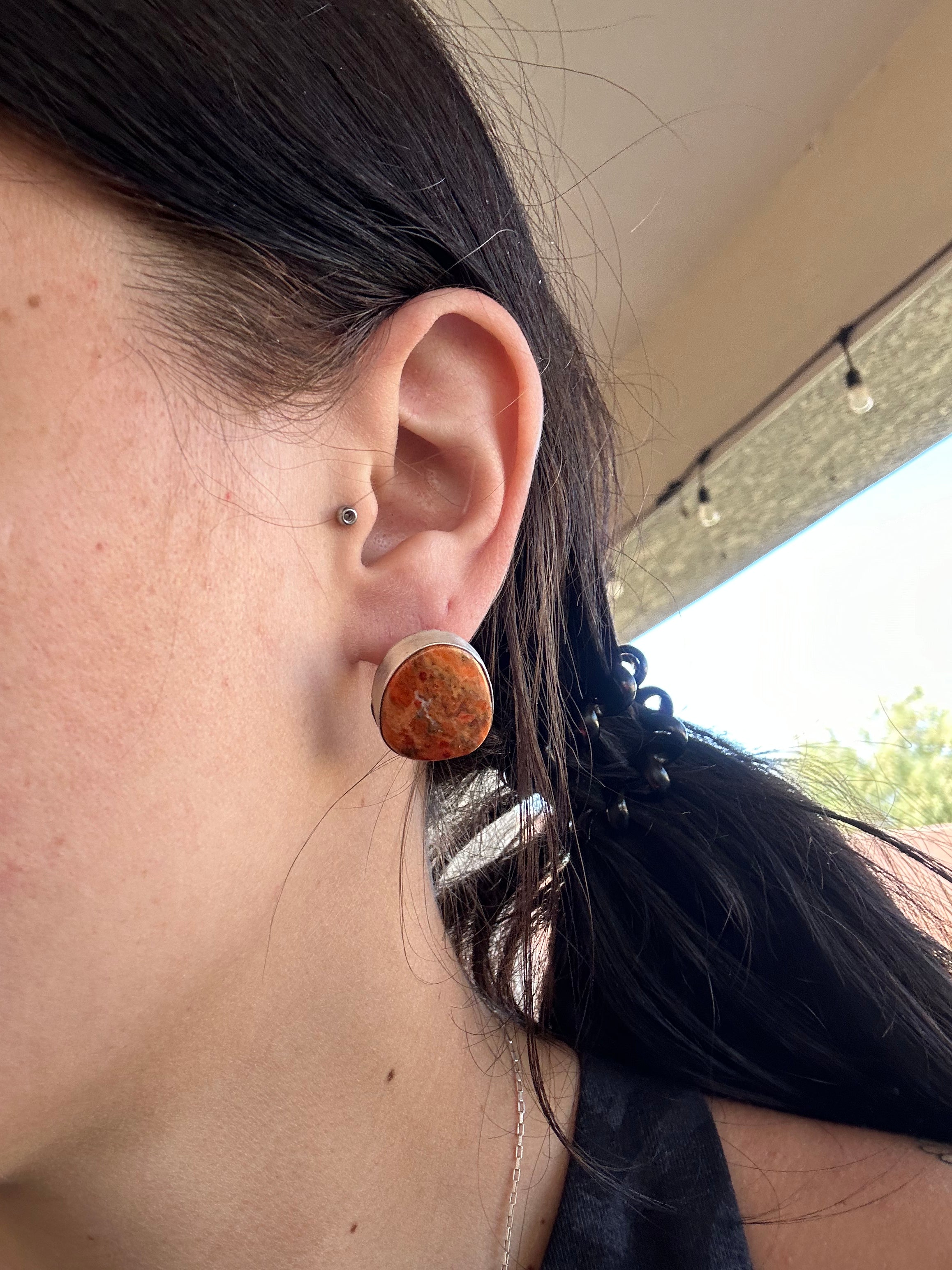 Navajo Made Apple Coral & Sterling Silver Post Earrings