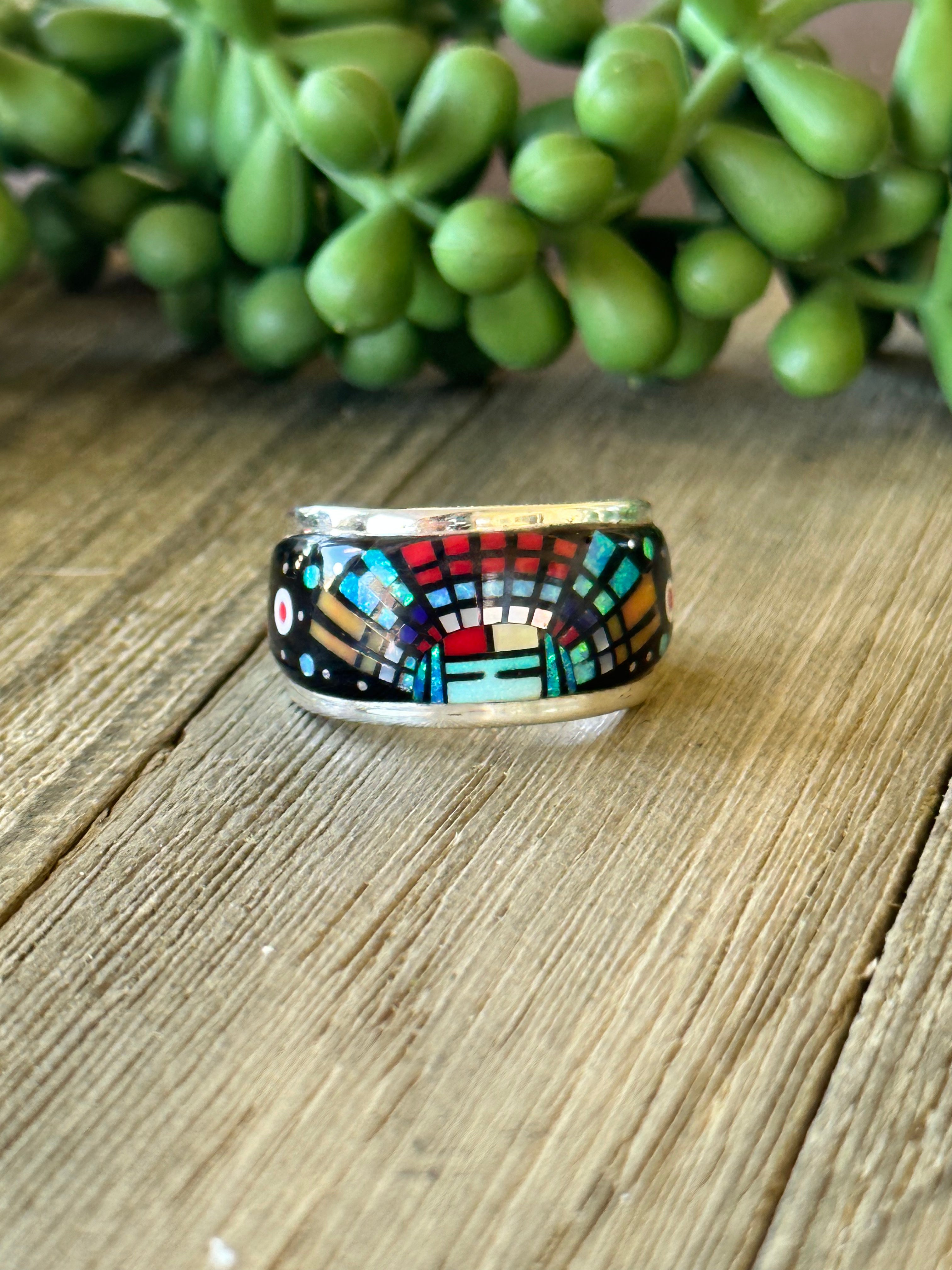 Southwest Handmade Multi Stone & Sterling Silver Inlay Ring